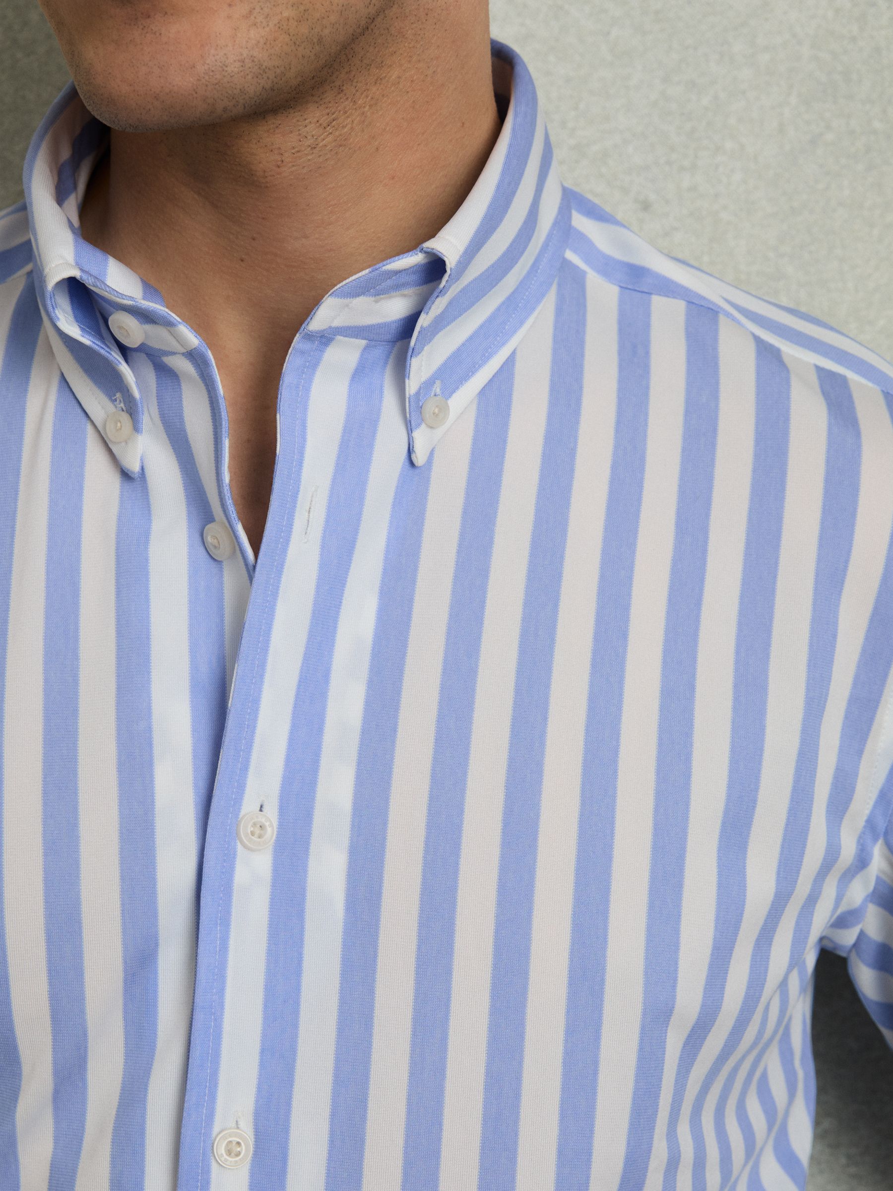 Striped Jersey Button-Down Shirt With Cotton in Pale Blue Stripe - Image 3 of 7