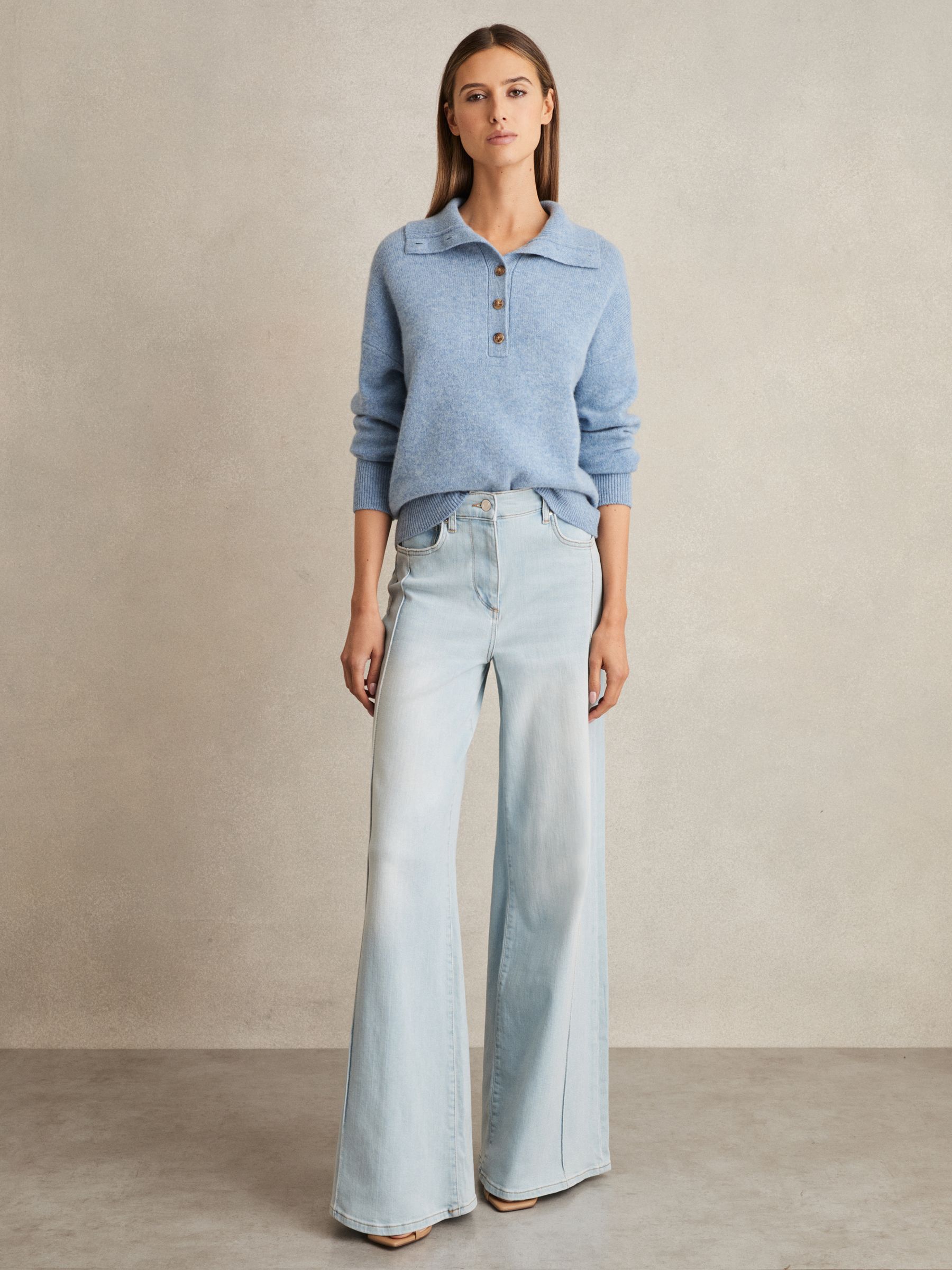 Wool-Cashmere Open-Neck Jumper in Blue - Image 5 of 7