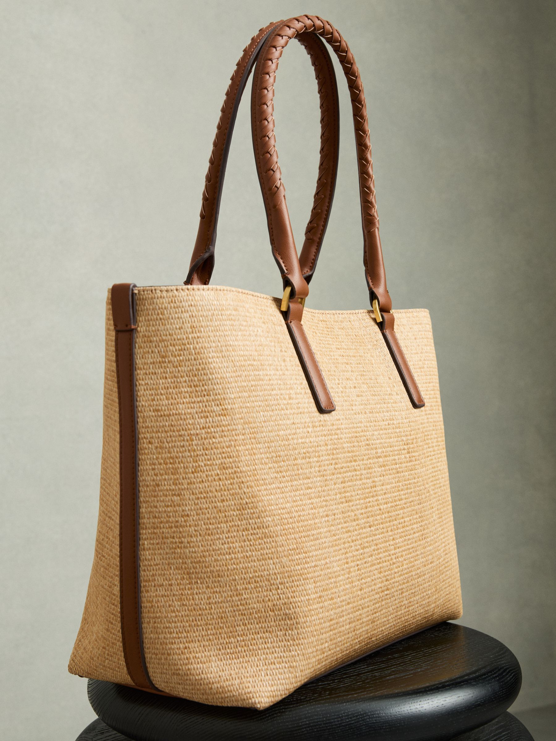 Raffia Braided Strap Tote Bag in Tan - Image 4 of 6