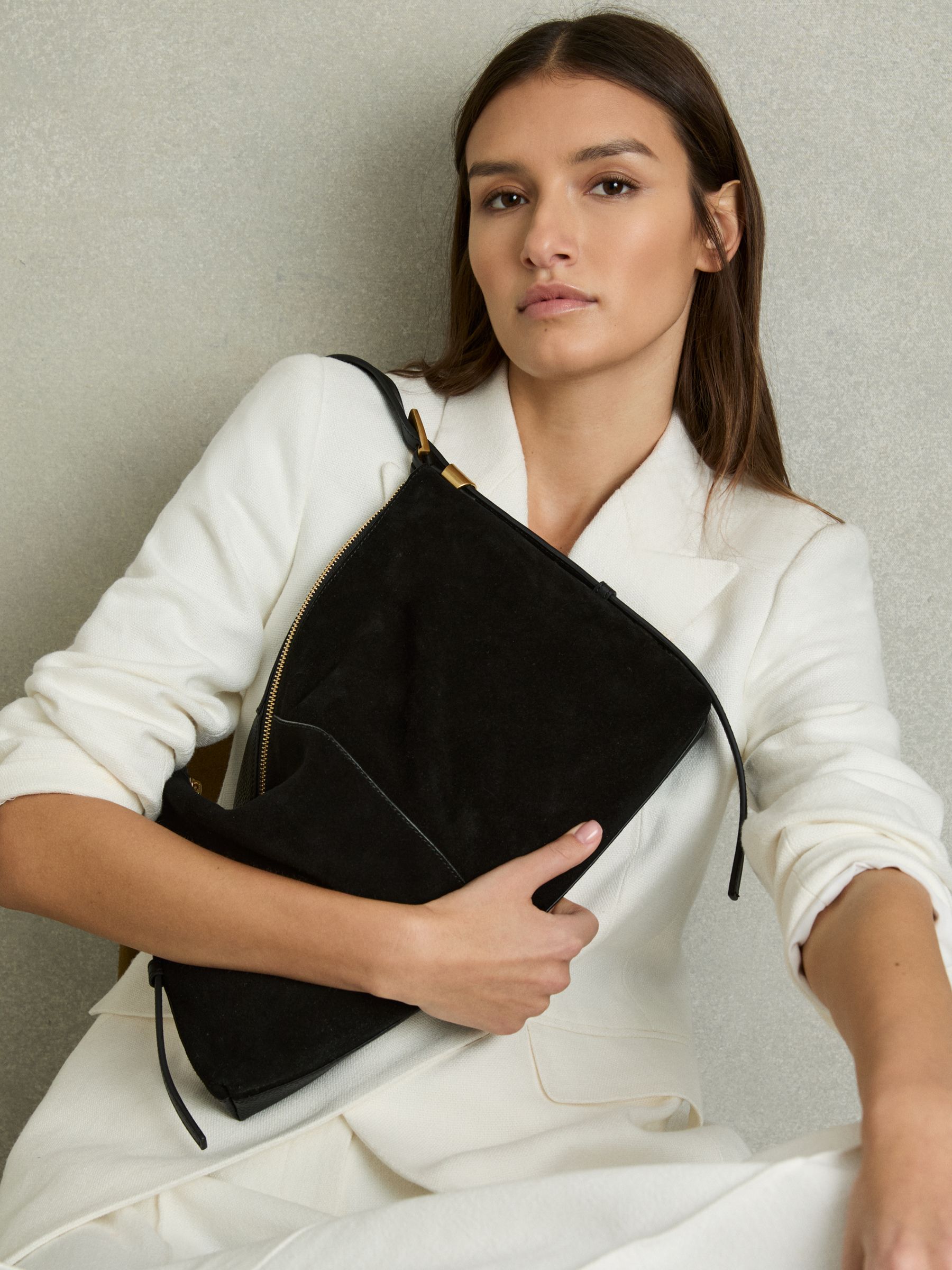 Suede And Leather Shoulder Bag in Black - Image 3 of 6