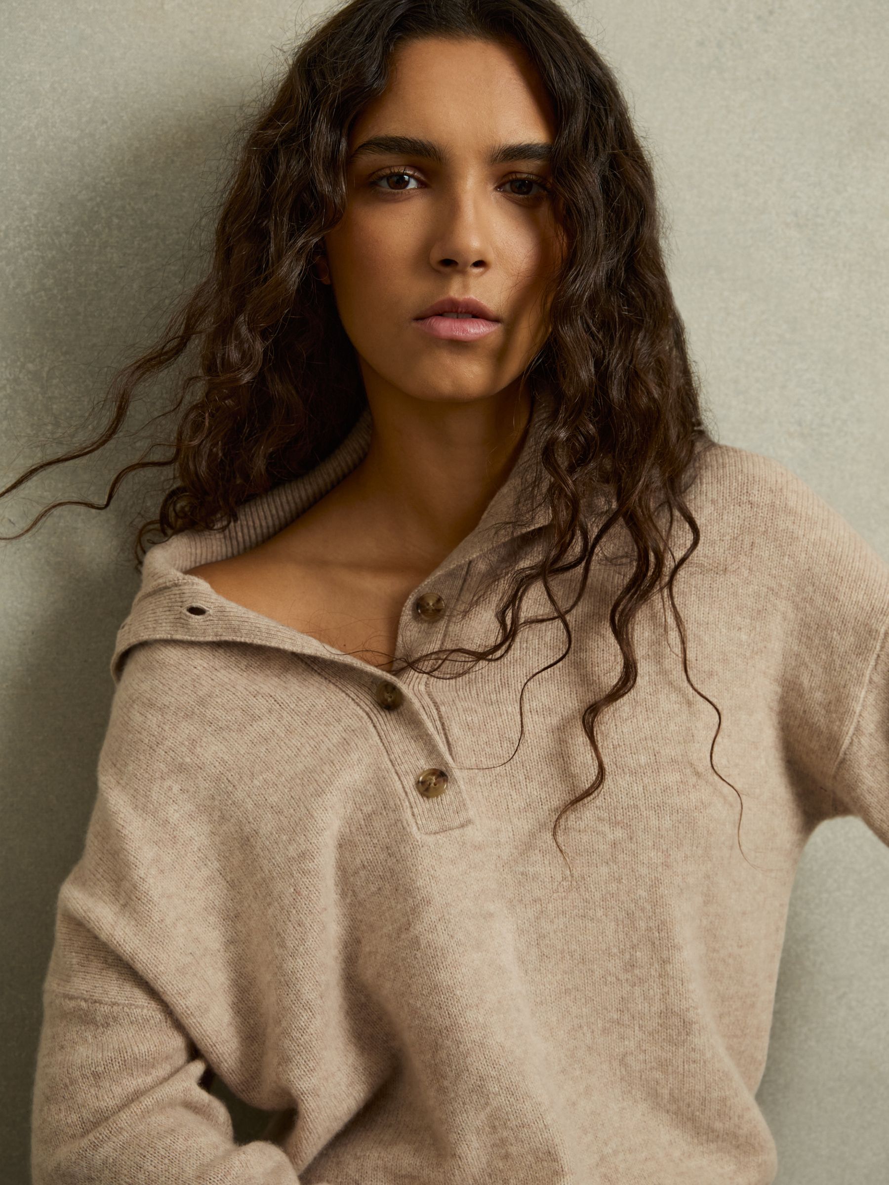 Wool-Cashmere Open-Neck Jumper in Neutral - Image 1 of 6