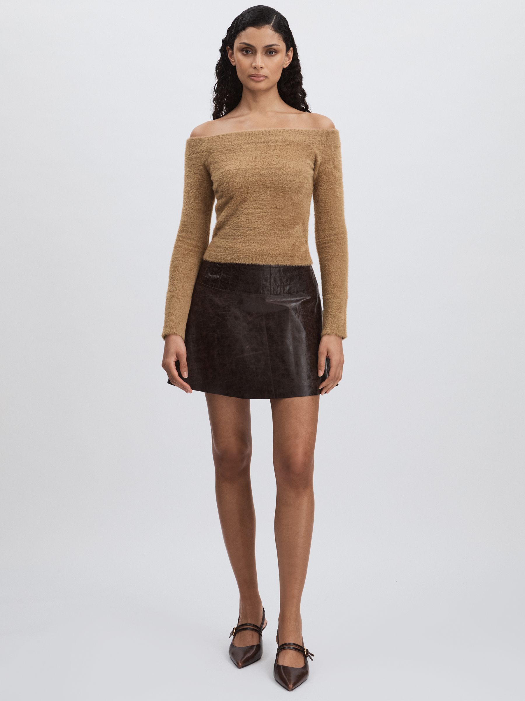 Good American Plush Off-Shoulder Top in Caramel - Image 1 of 5
