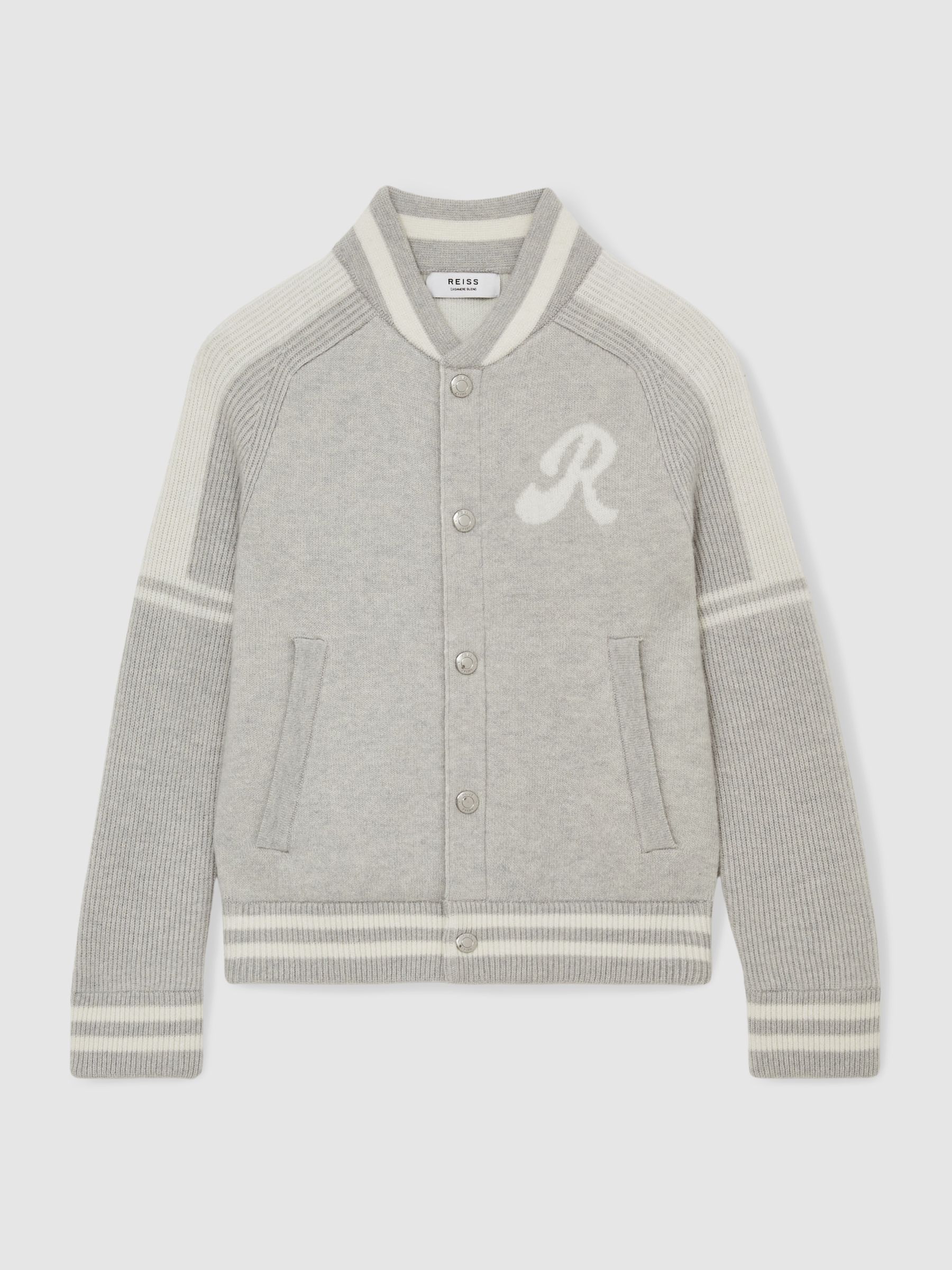 13-14 yrs Logo-Intarsia Bomber Jacket in Grey/White - Image 1 of 4