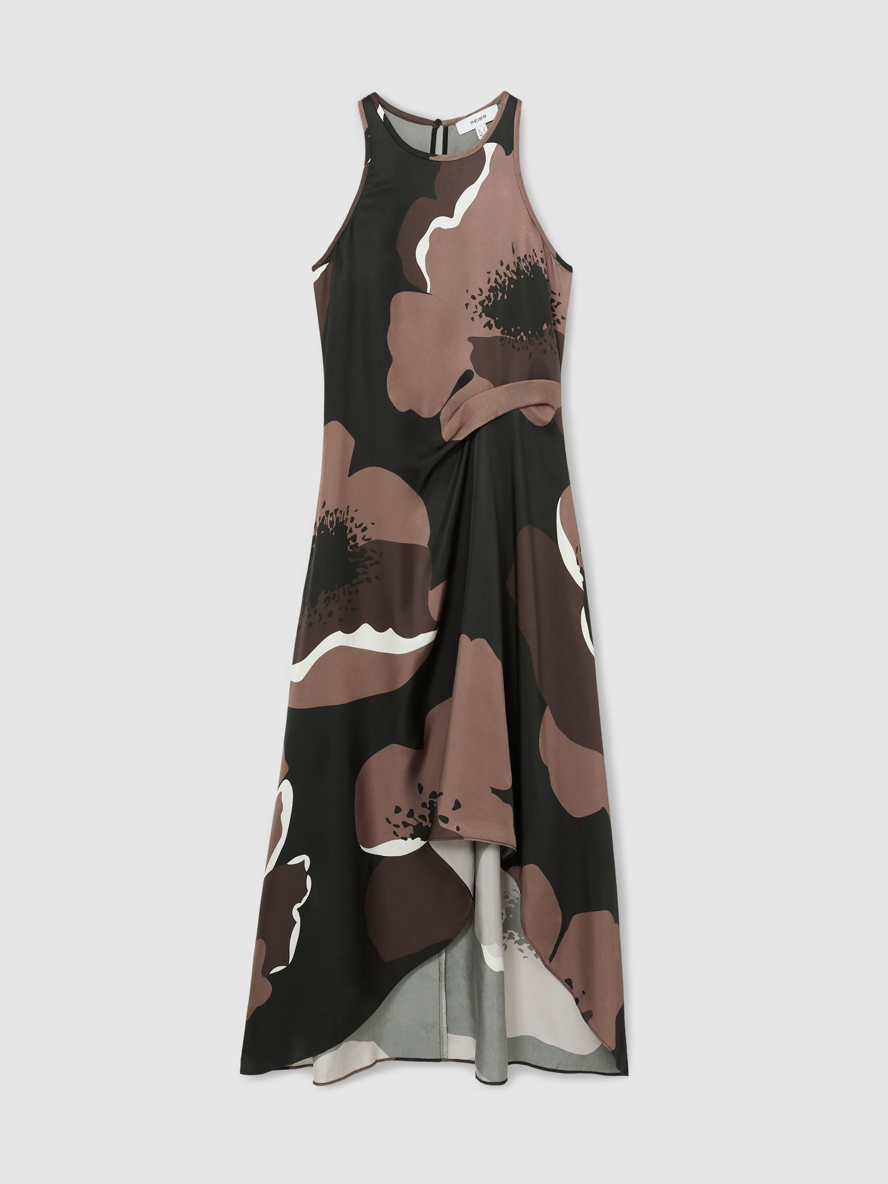 Satin Floral Tuck Midi Dress in Brown - Image 3 of 6