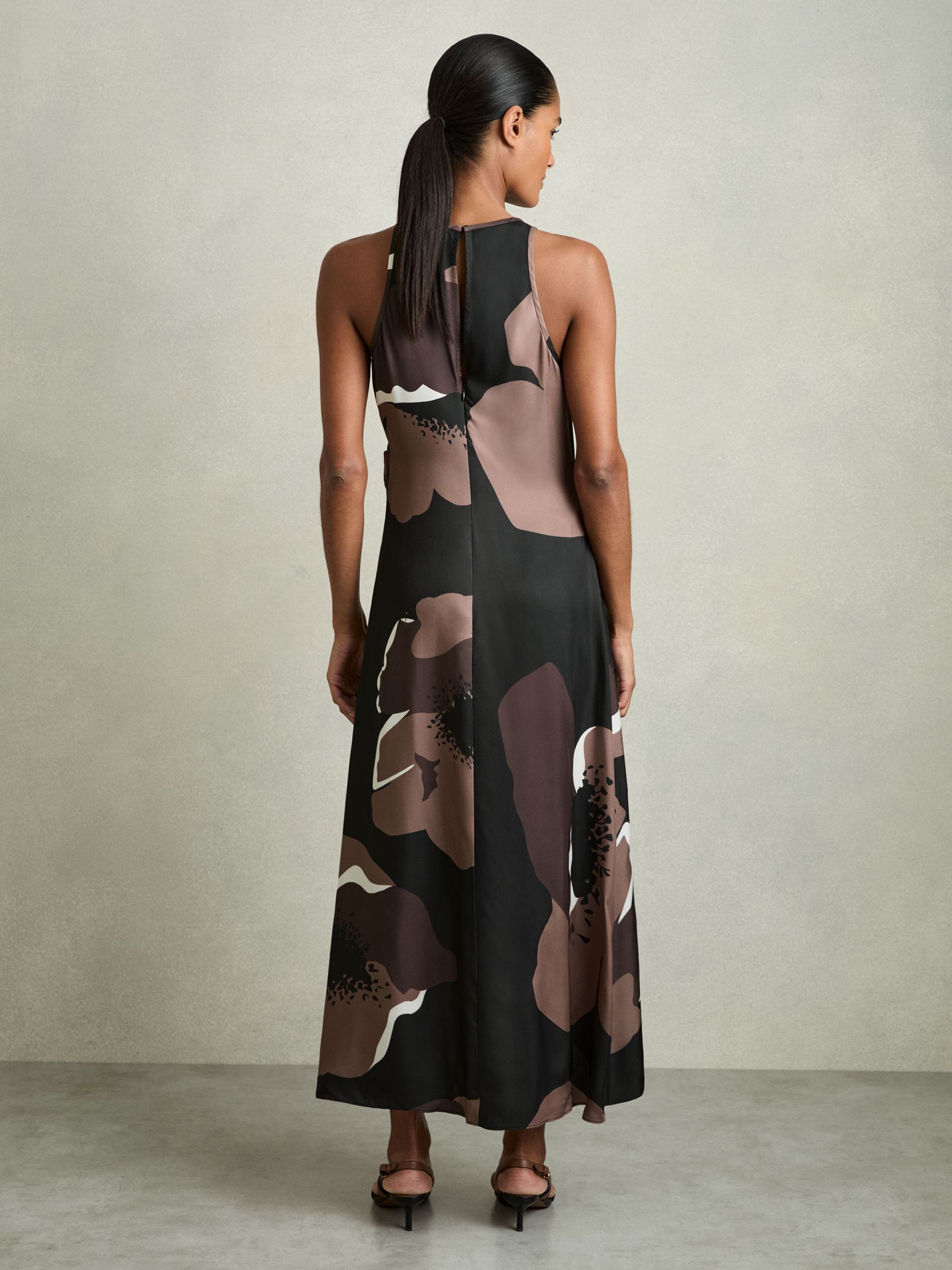 Satin Floral Tuck Midi Dress in Brown - Image 5 of 6