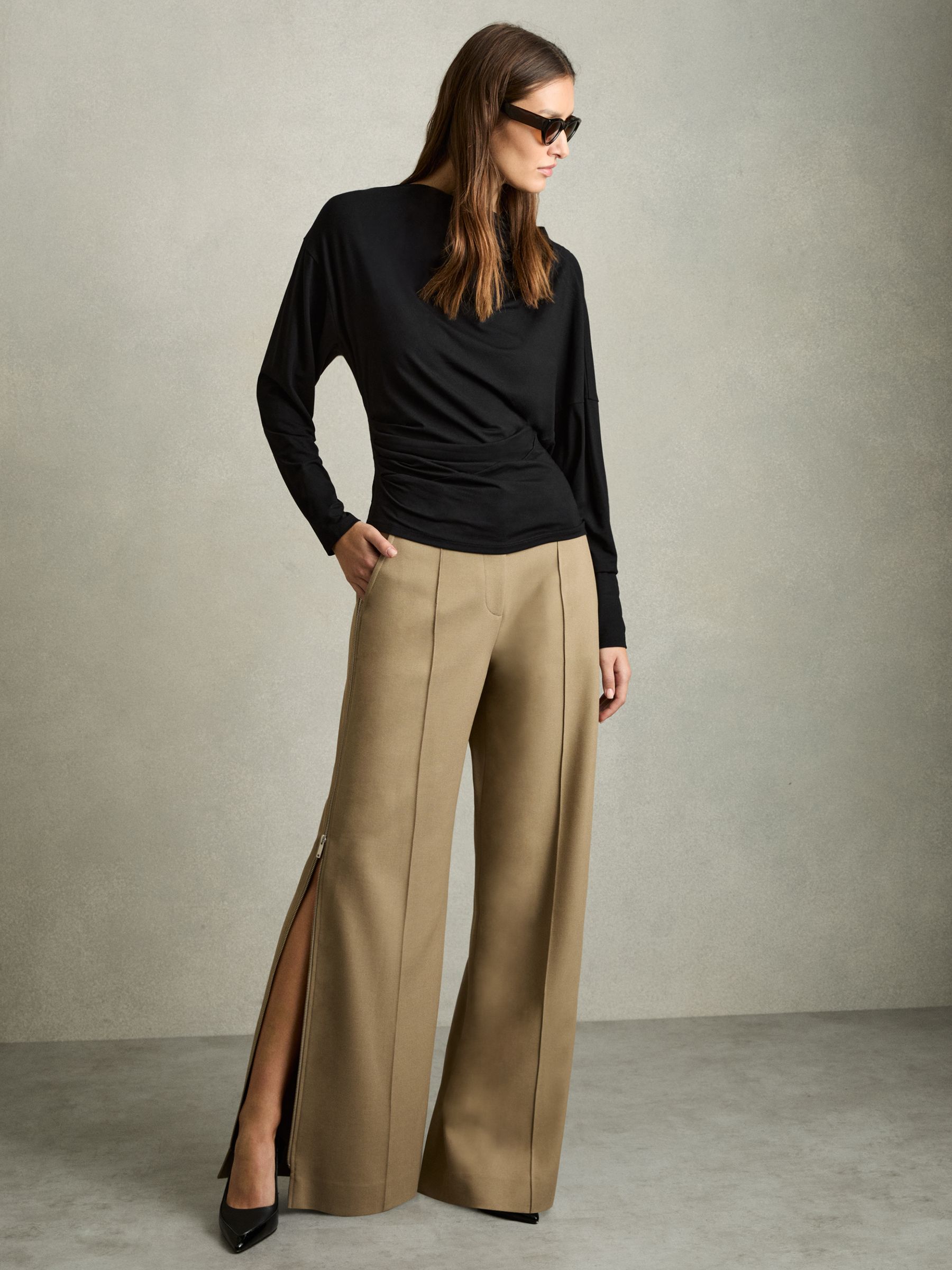 Draped Jersey Long-Sleeve Top in Black - Image 1 of 6