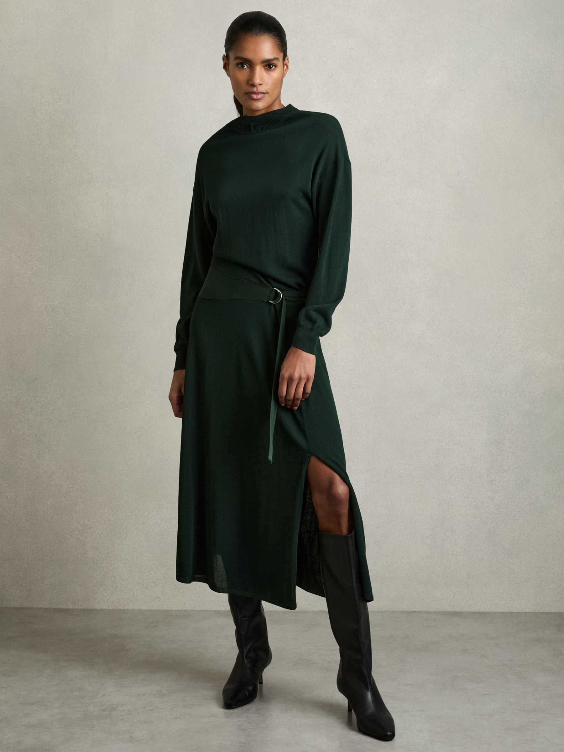 Petite Compact-Knit Belted Midi Dress in Dark Green - Image 3 of 7