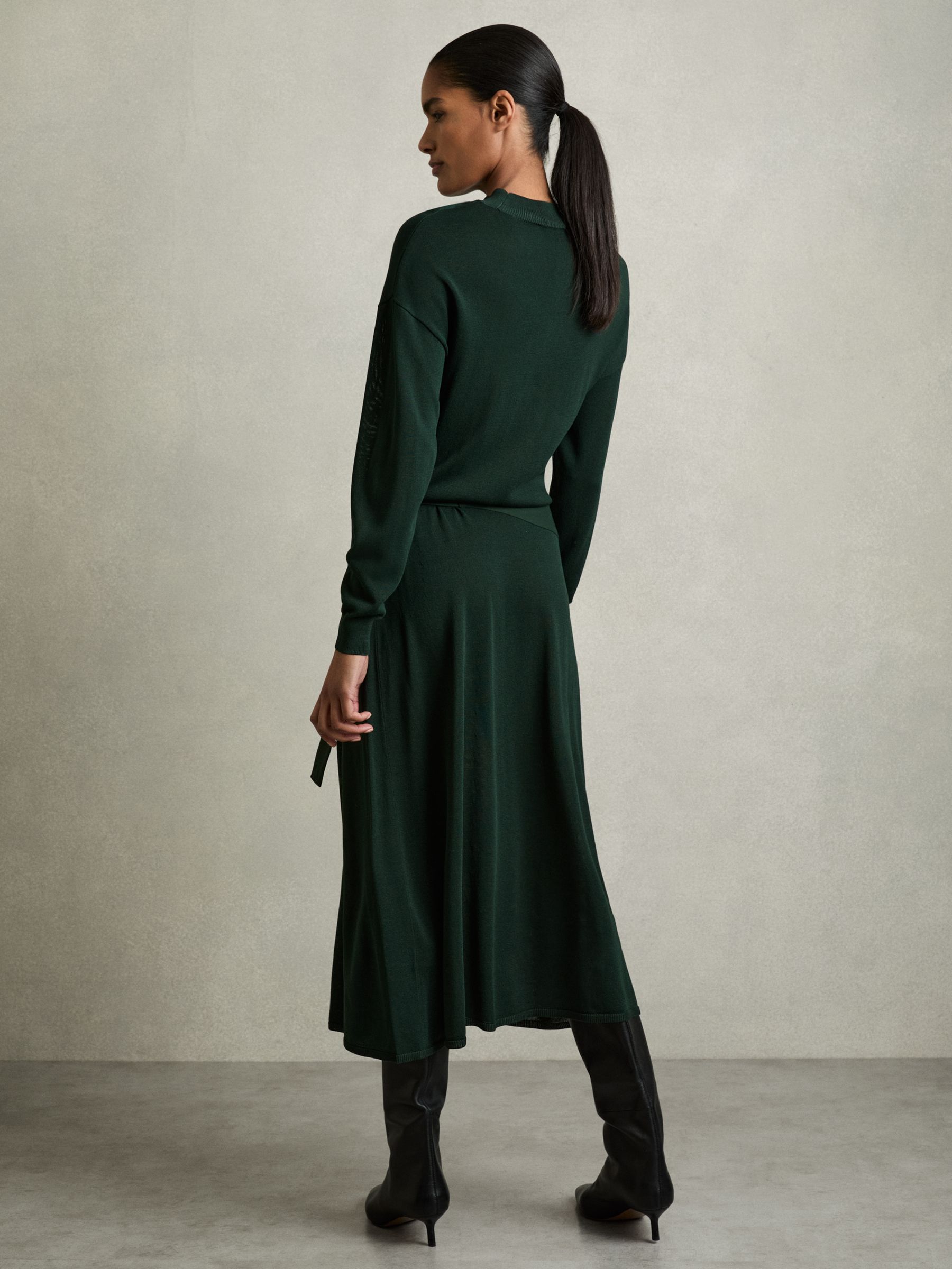 Petite Compact-Knit Belted Midi Dress in Dark Green - Image 5 of 7