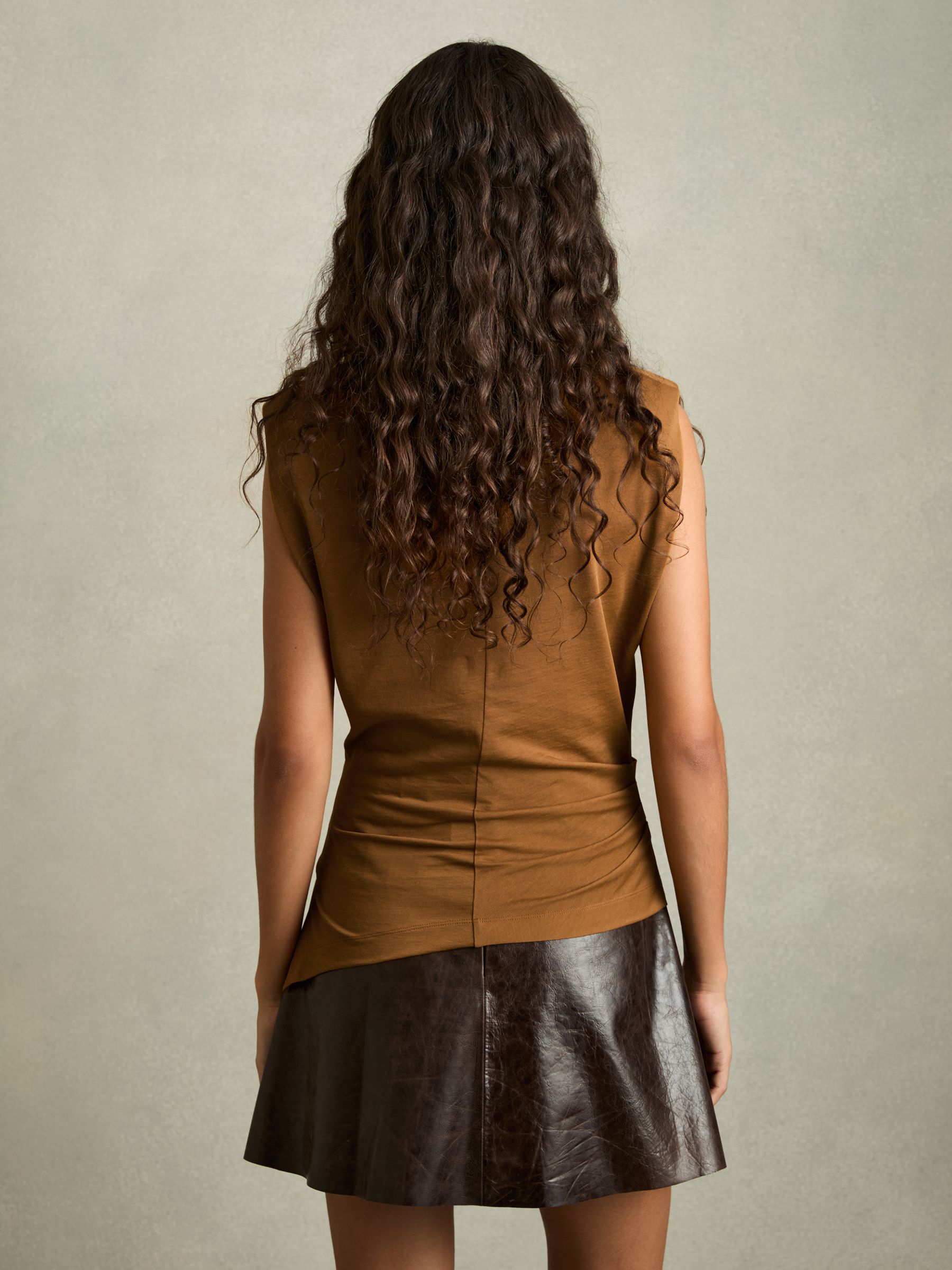 Shoulder-Pad Ruched Jersey Top in Ochre - Image 5 of 7