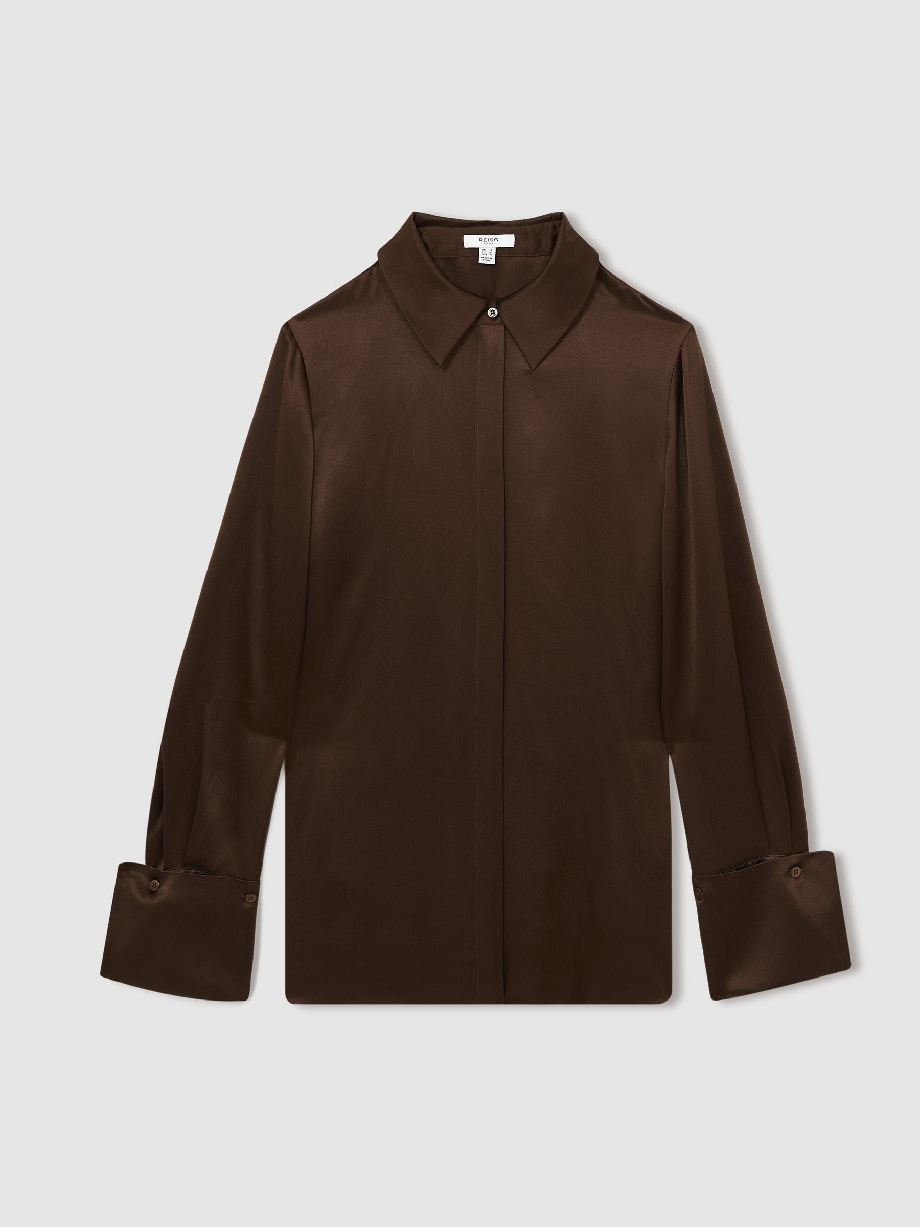 Silk Double-Cuff Button-Through Shirt in Chocolate - Image 2 of 6