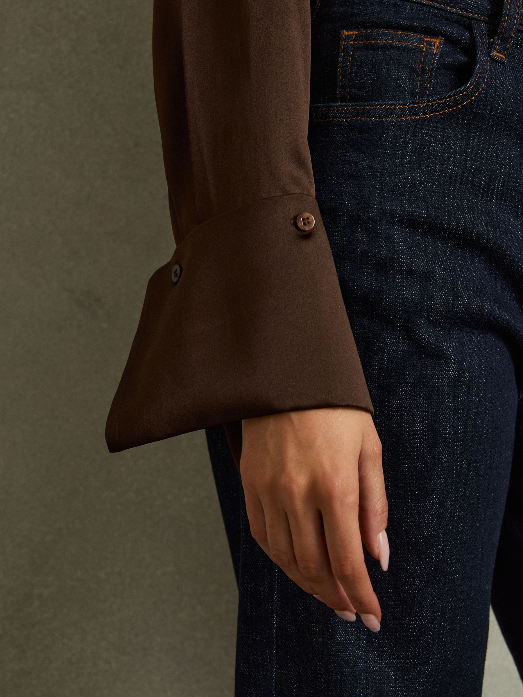 Silk Double-Cuff Button-Through Shirt in Chocolate - Image 3 of 6