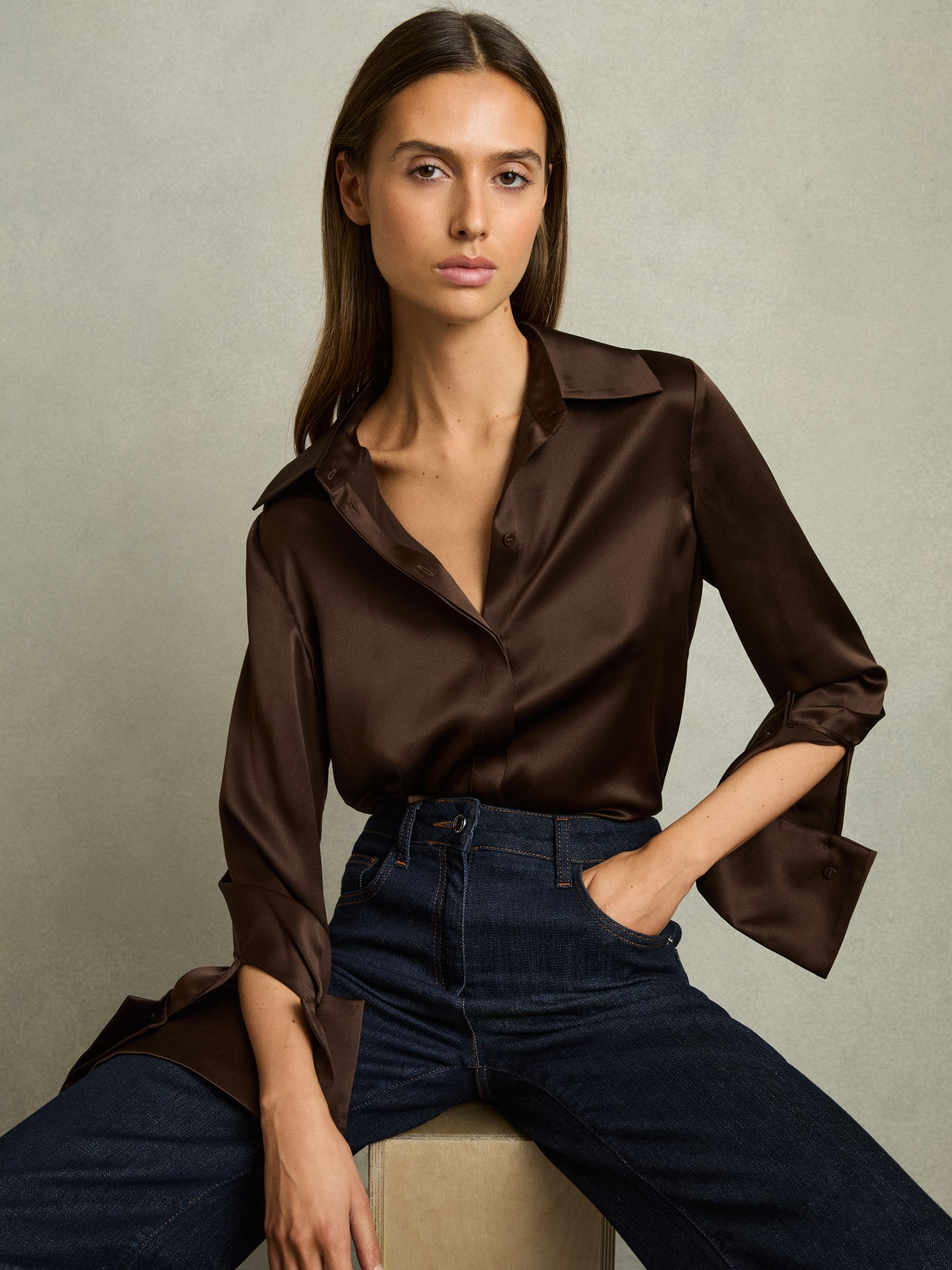Silk Double-Cuff Button-Through Shirt in Chocolate - Image 4 of 6