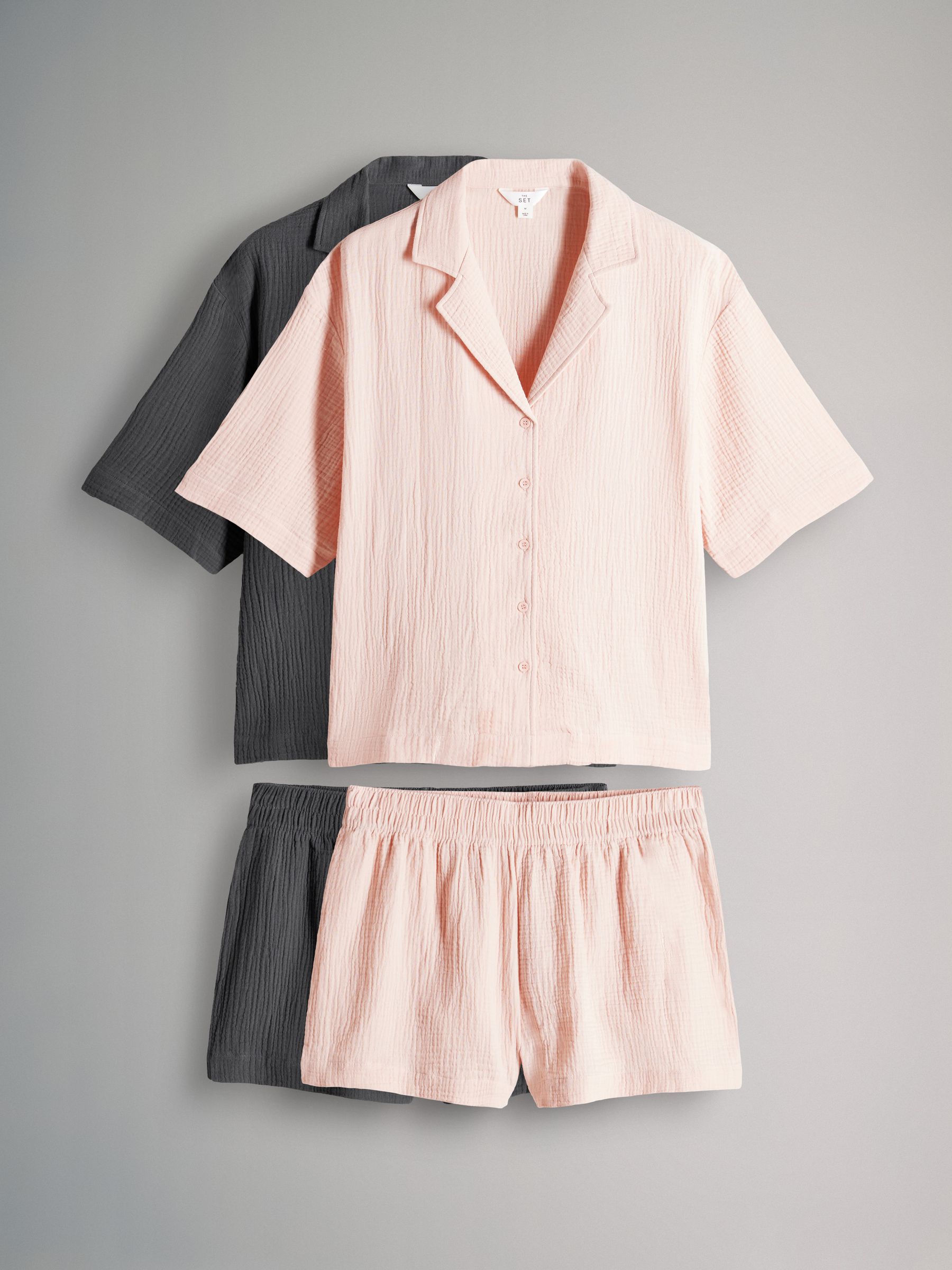 Charcoal Grey/Baby Pink Muslin Cloth Shortie Pyjamas Set 2 Pack - Image 2 of 9