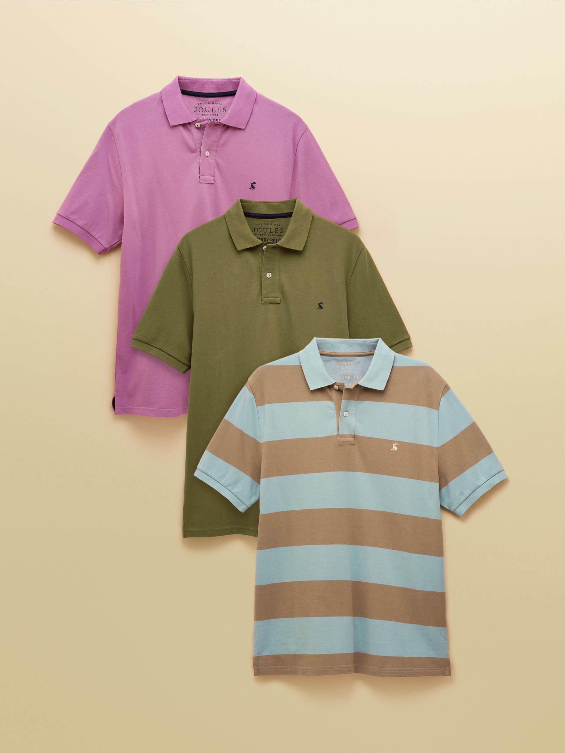 Woody Polo Shirts Lilac/Khaki/Blue & Brown Stripe 3 Pack - Image 1 of 10