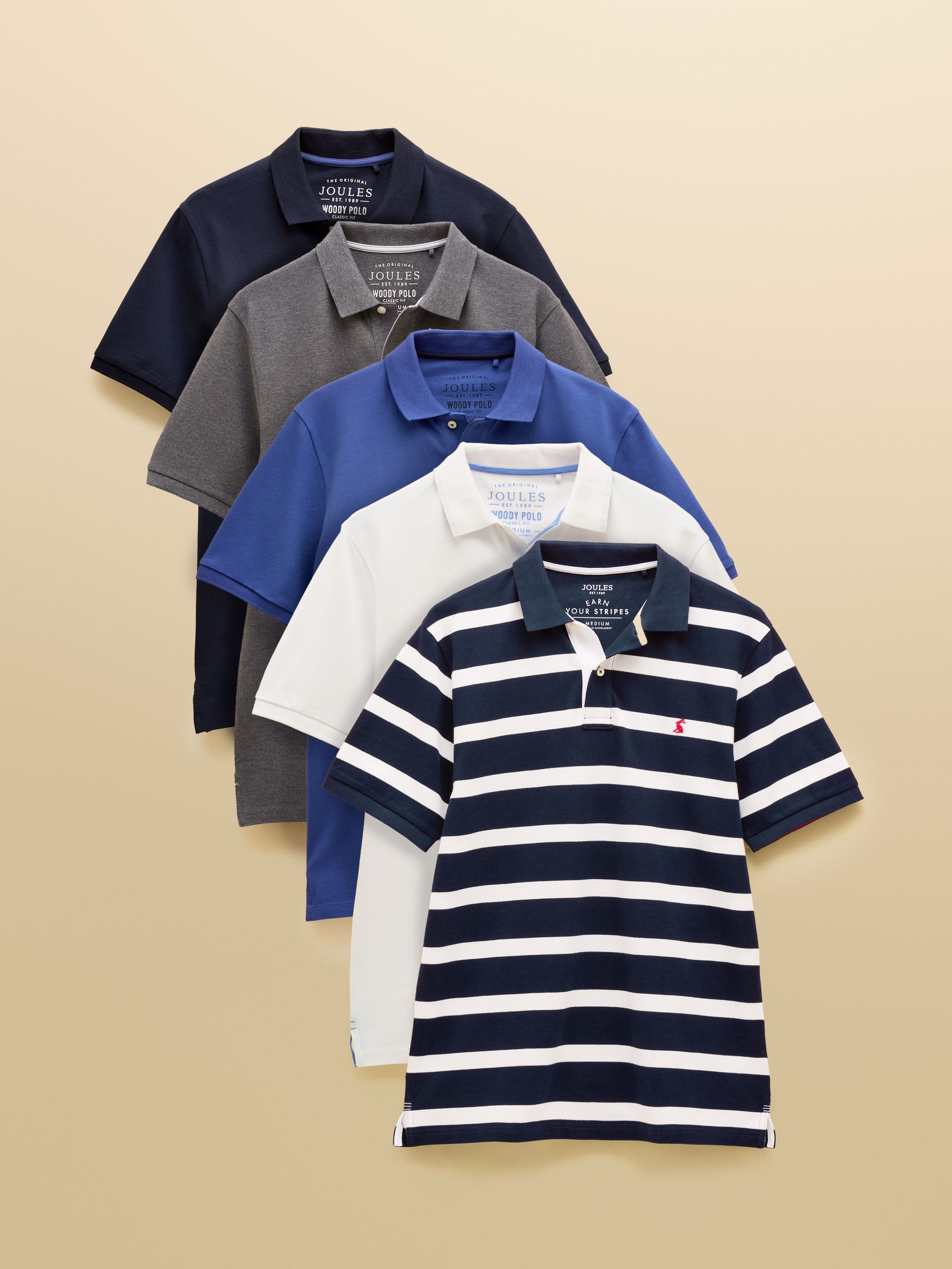 Woody Polo Shirts Navy/Grey/White/Blue/Navy Stripe 5 Pack - Image 1 of 8