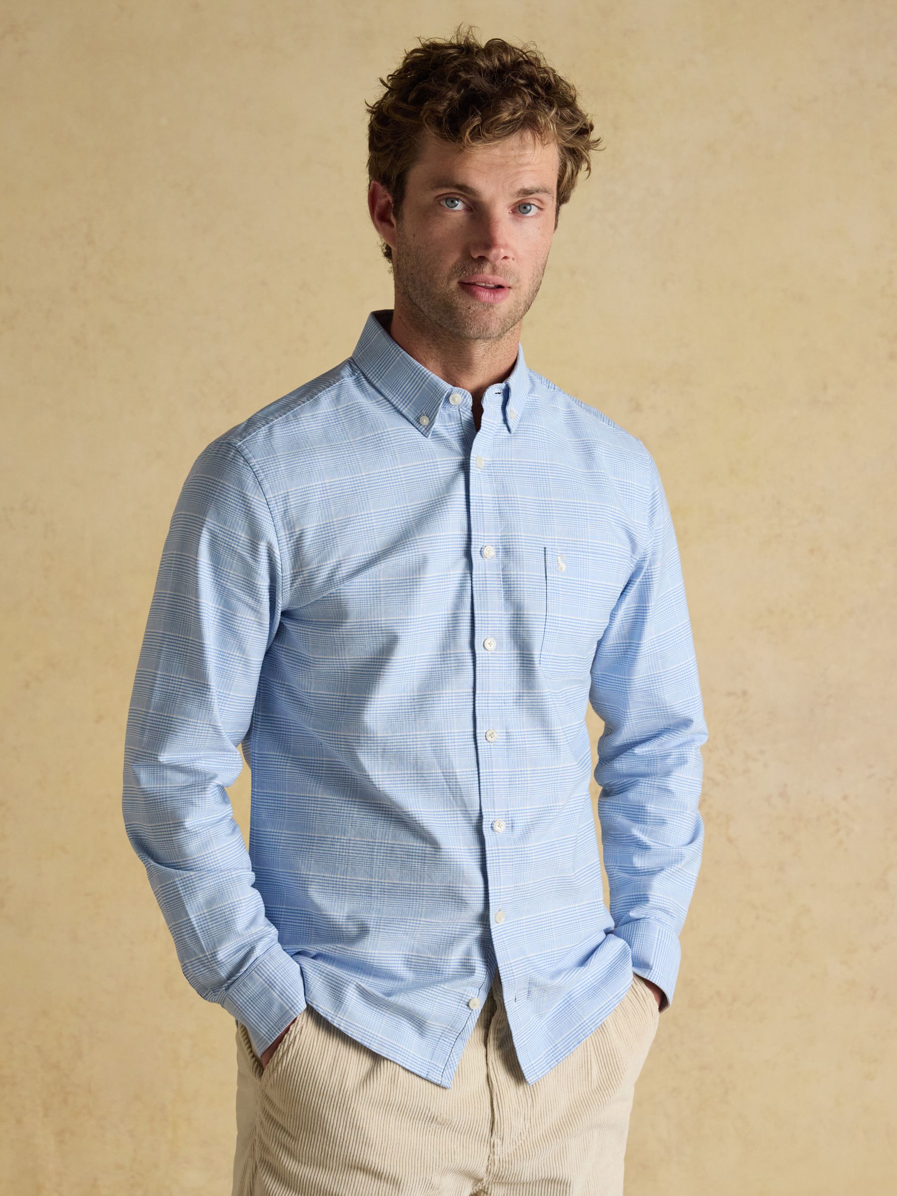 Classic Fit Light Blue Check Long Sleeve Cotton Oxford Shirt - Image 1 of 12