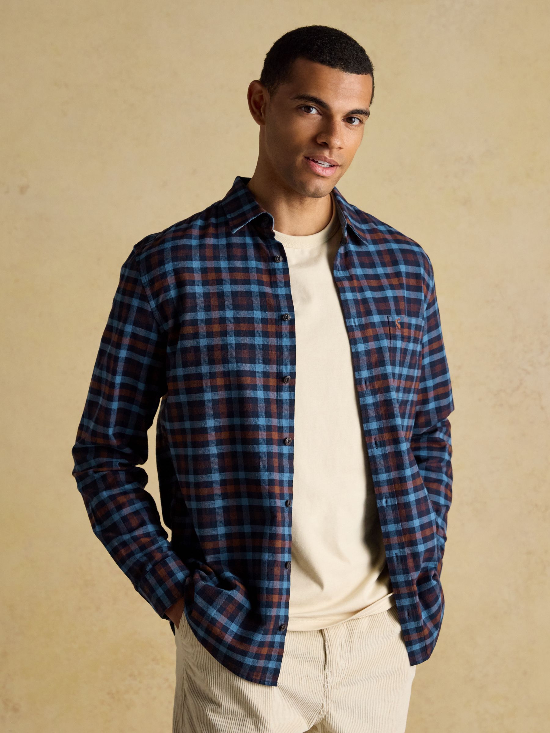 Brushed Flannel Brown & Navy Check Cotton Shirt - Image 3 of 8