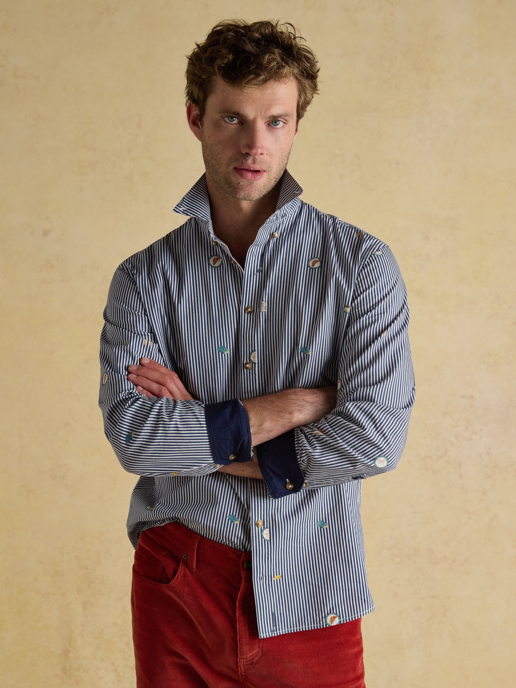 Classic Fit Blue Stripe with Paris Icons Cotton Printed Shirt - Image 5 of 10