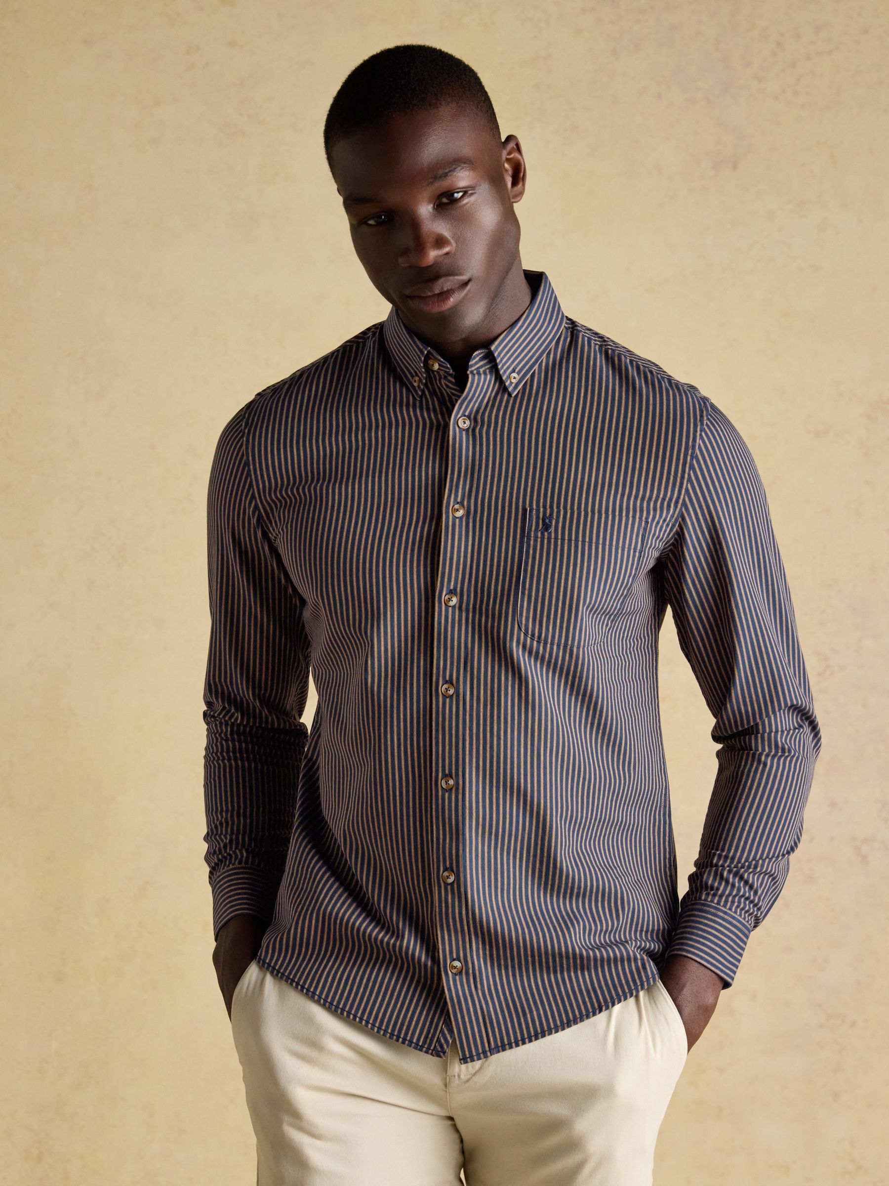 Oxford Classic Fit Navy Brown Stripe Cotton Shirt - Image 1 of 10 Oxford Classic Fit Navy Brown Stripe Cotton Shirt - Image 1 of 10