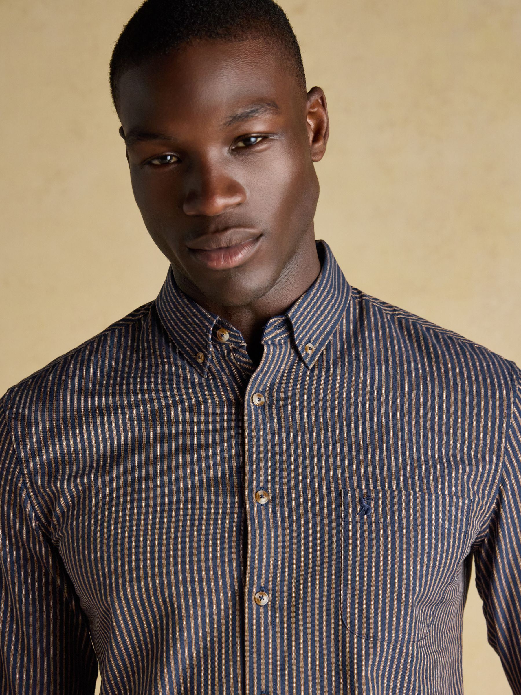 Oxford Classic Fit Navy Brown Stripe Cotton Shirt - Image 4 of 10