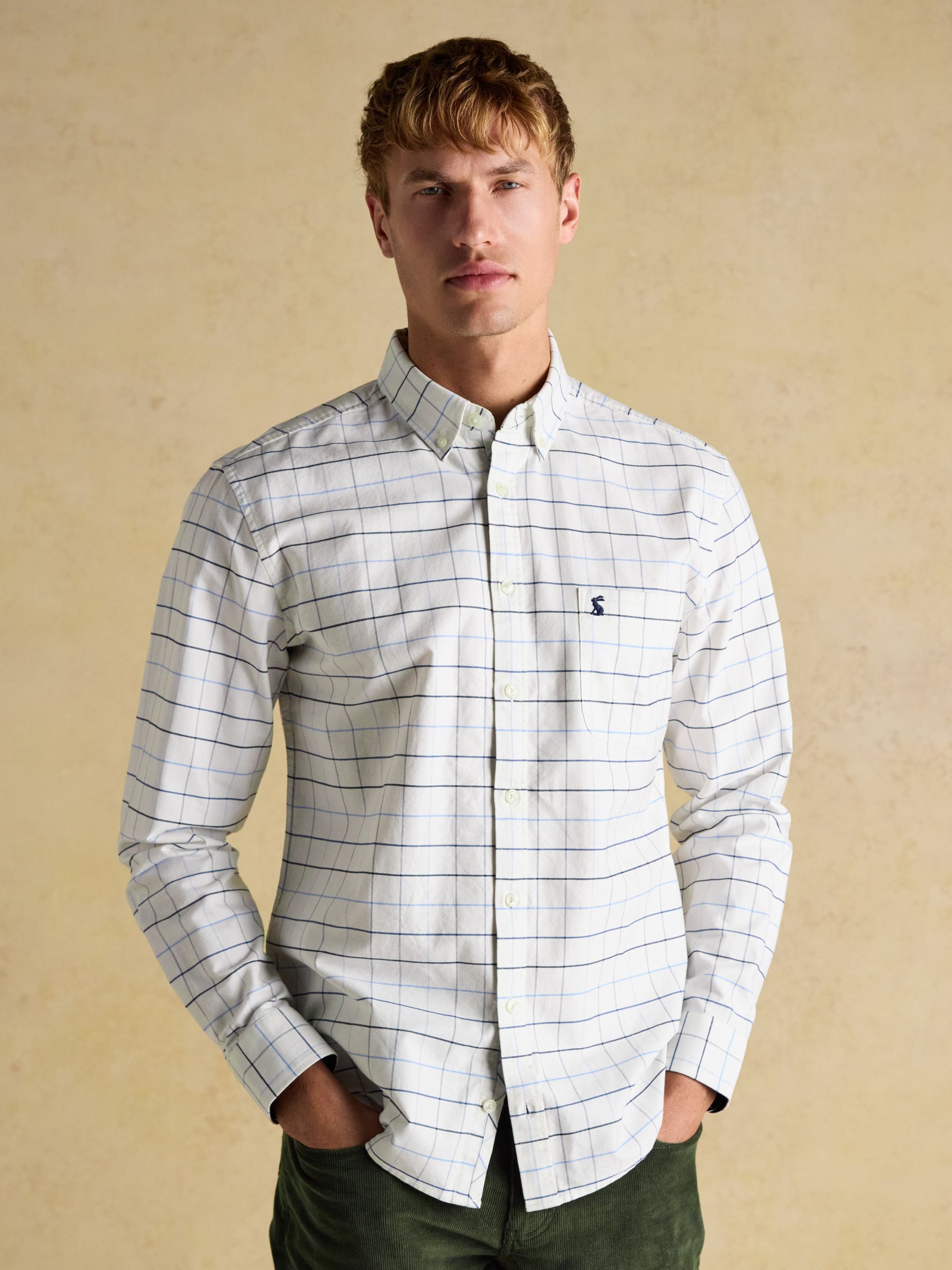 Oxford Classic Fit White Blue Check Long Sleeve Cotton Shirt - Image 1 of 12
