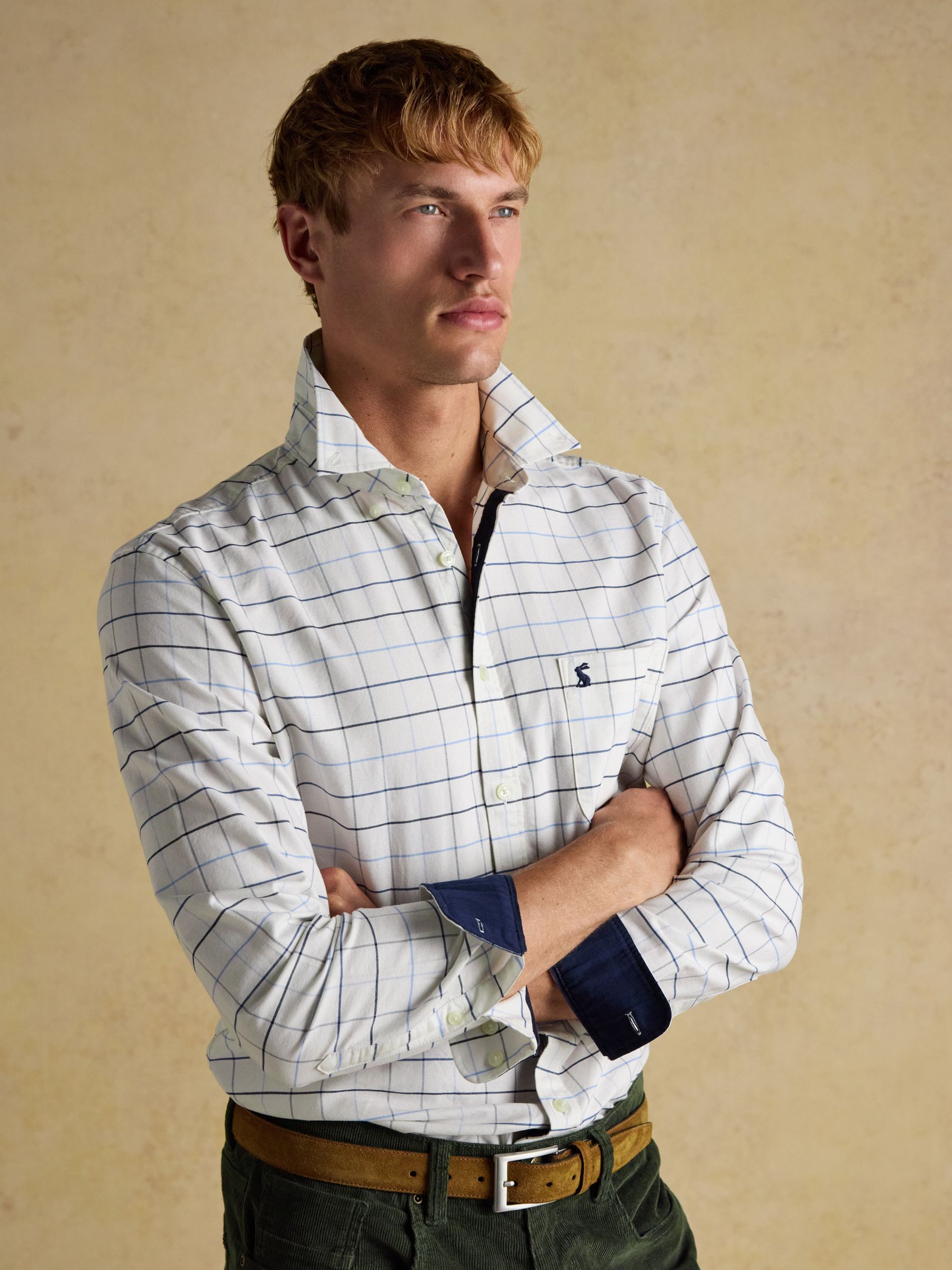 Oxford Classic Fit White Blue Check Long Sleeve Cotton Shirt - Image 8 of 12