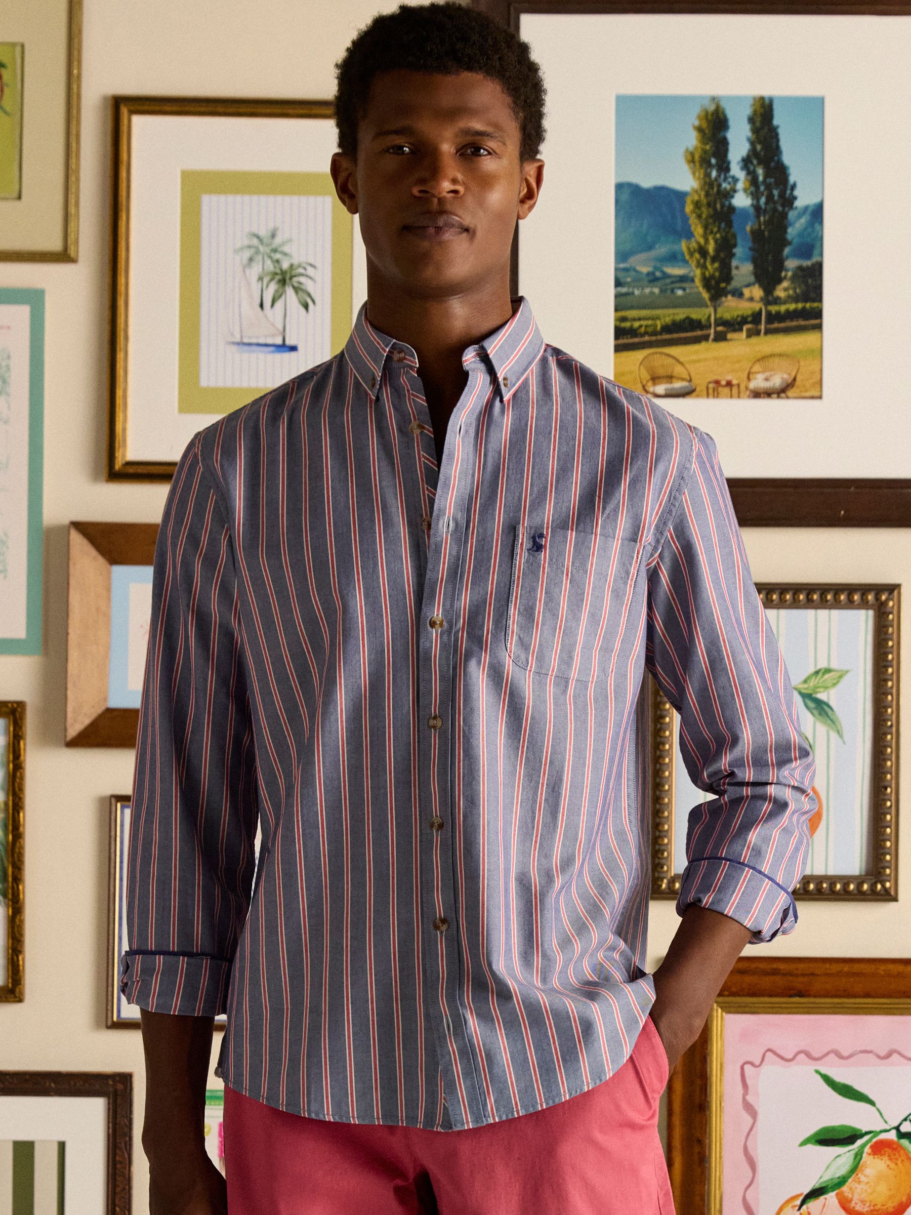 Oxford Classic Fit Blue Red Stripe Cotton Shirt - Image 1 of 10 Oxford Classic Fit Blue Red Stripe Cotton Shirt - Image 1 of 10