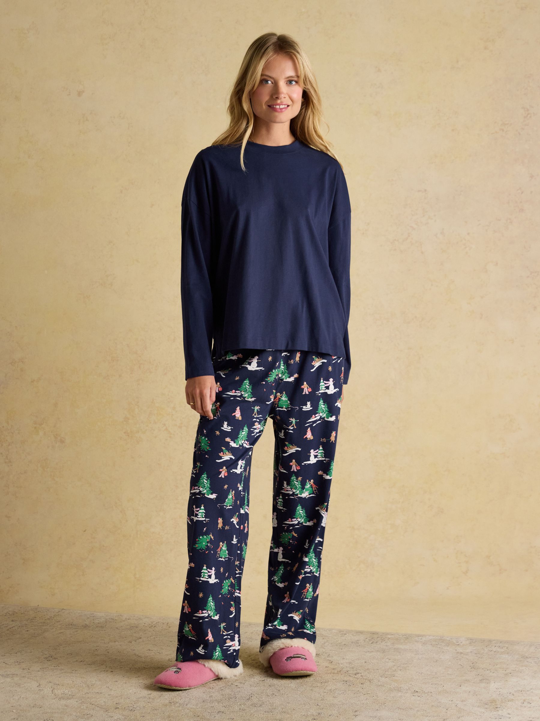 Lyla Navy Festive Long Sleeve Jersey Cotton Pyjama Set - Image 1 of 7