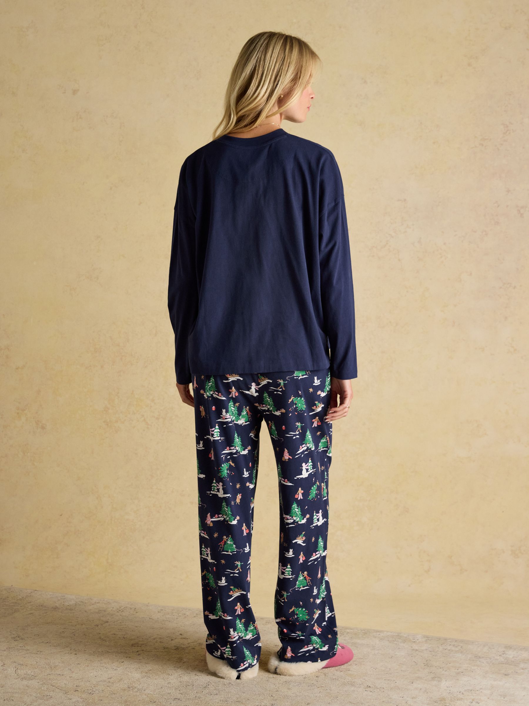 Lyla Navy Festive Long Sleeve Jersey Cotton Pyjama Set - Image 2 of 7
