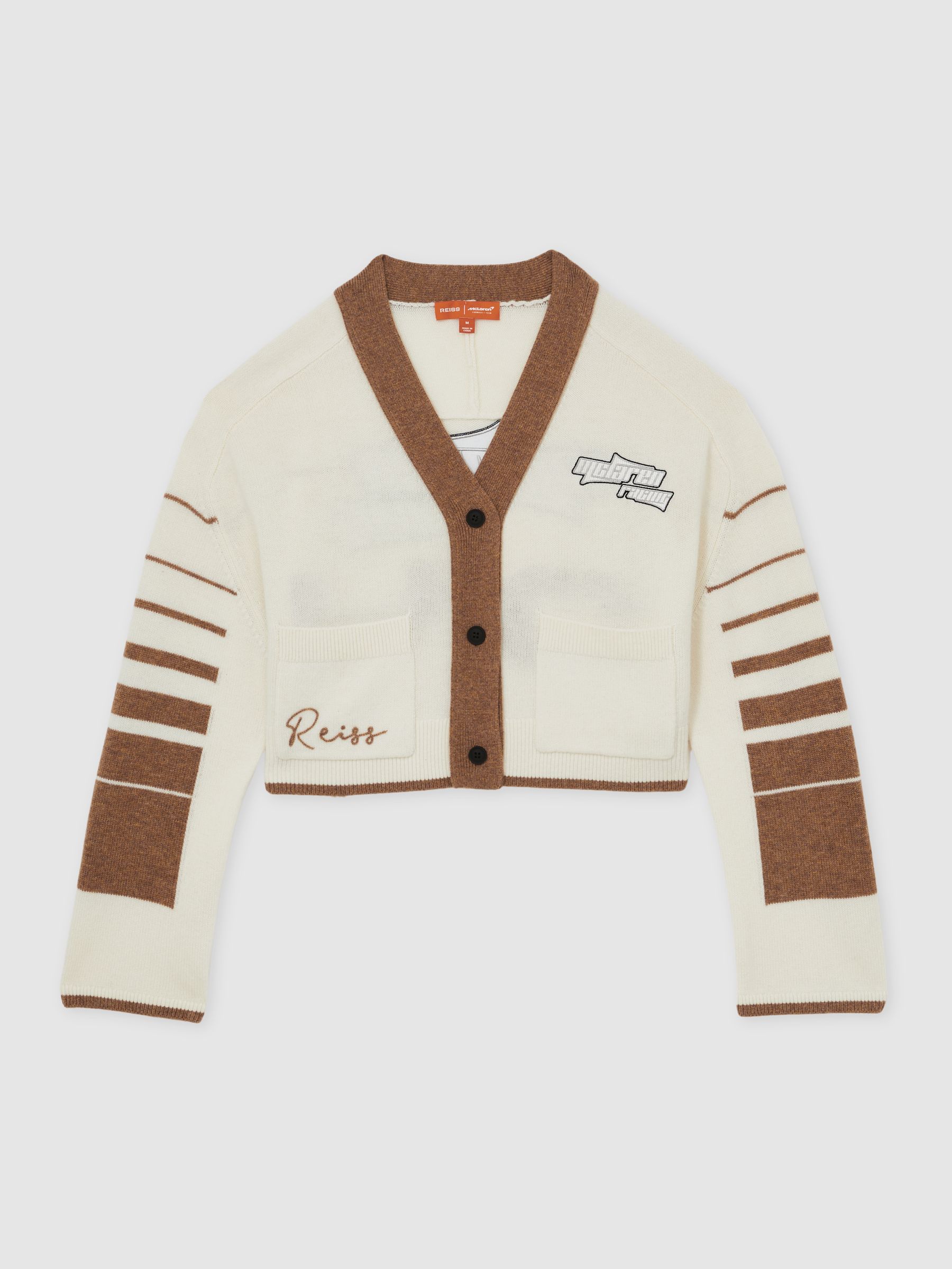 McLaren F1 Team Crop Varsity Cardigan in Off White/Camel - Image 2 of 9