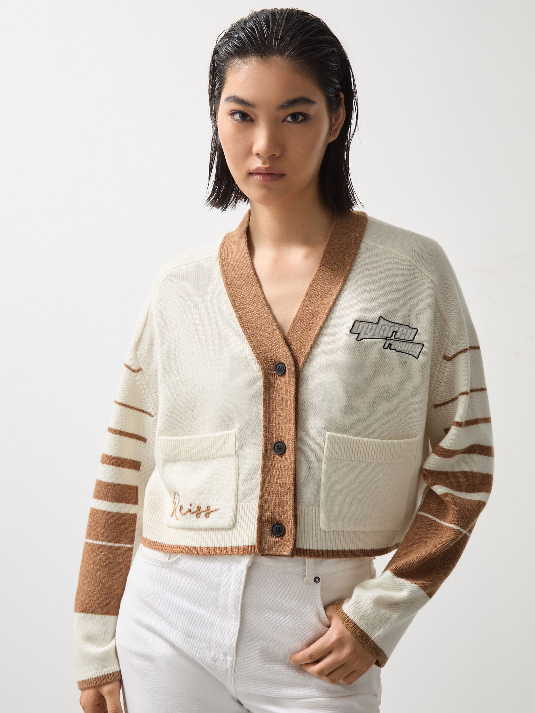McLaren F1 Team Crop Varsity Cardigan in Off White/Camel - Image 3 of 9
