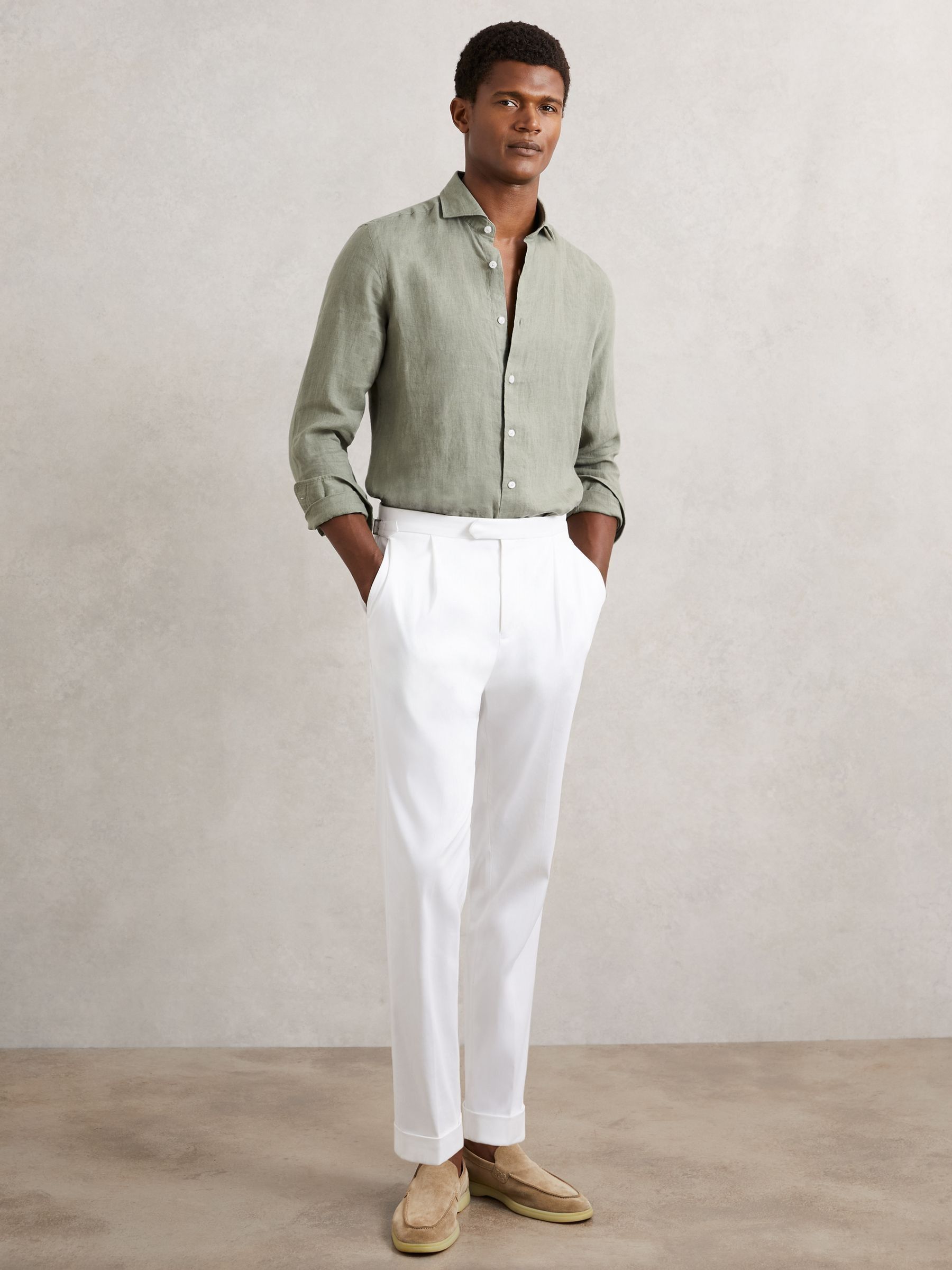 Linen Button-Through Shirt in Thyme Green - Image 1 of 6