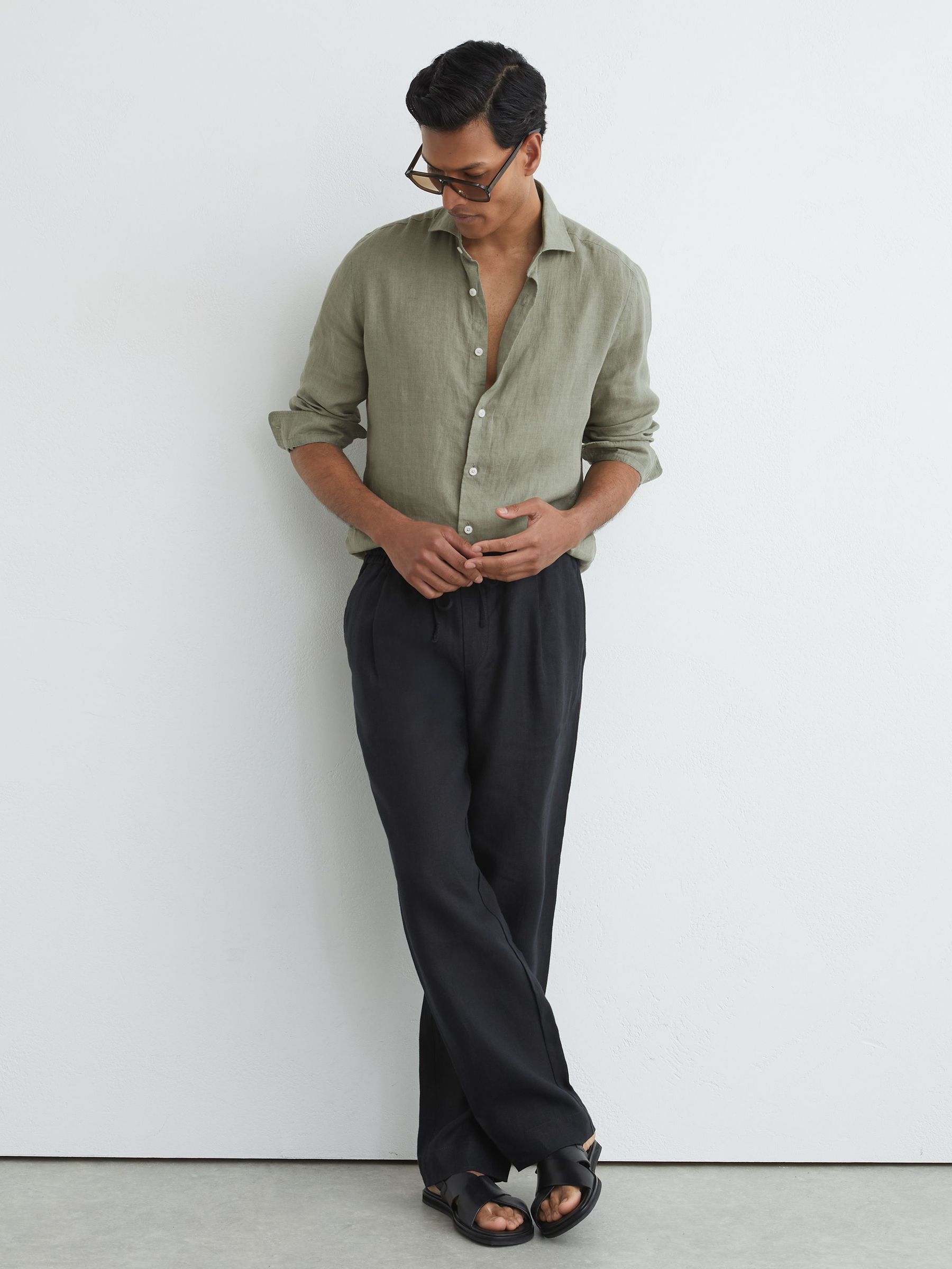 Linen Cutaway-Collar Regular-Fit Shirt in Thyme Green - image 5