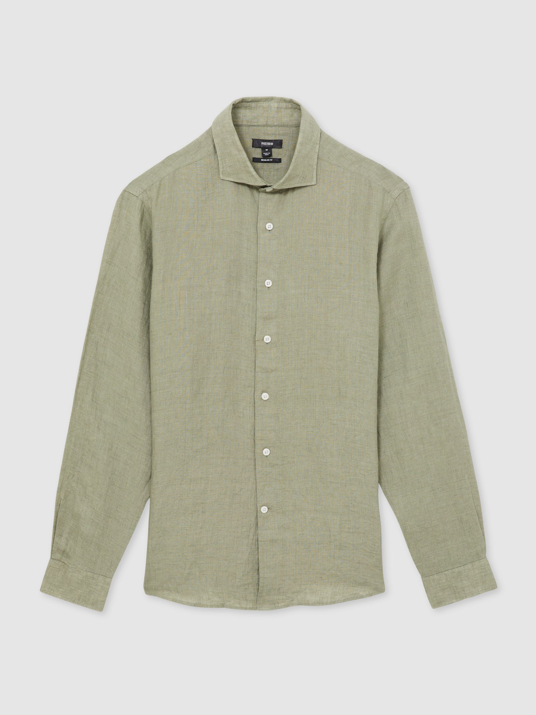 Linen Striped Cutaway-Collar Shirt in Thyme Green - Image 2 of 6