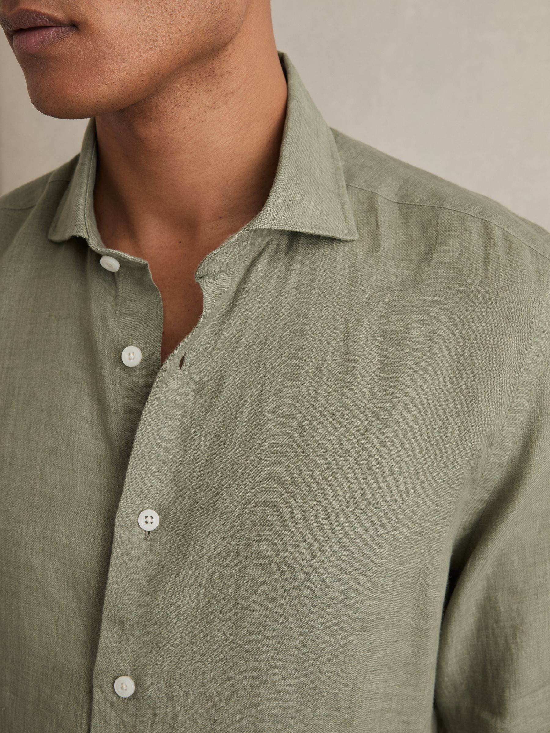 Linen Striped Cutaway-Collar Shirt in Thyme Green - Image 3 of 6