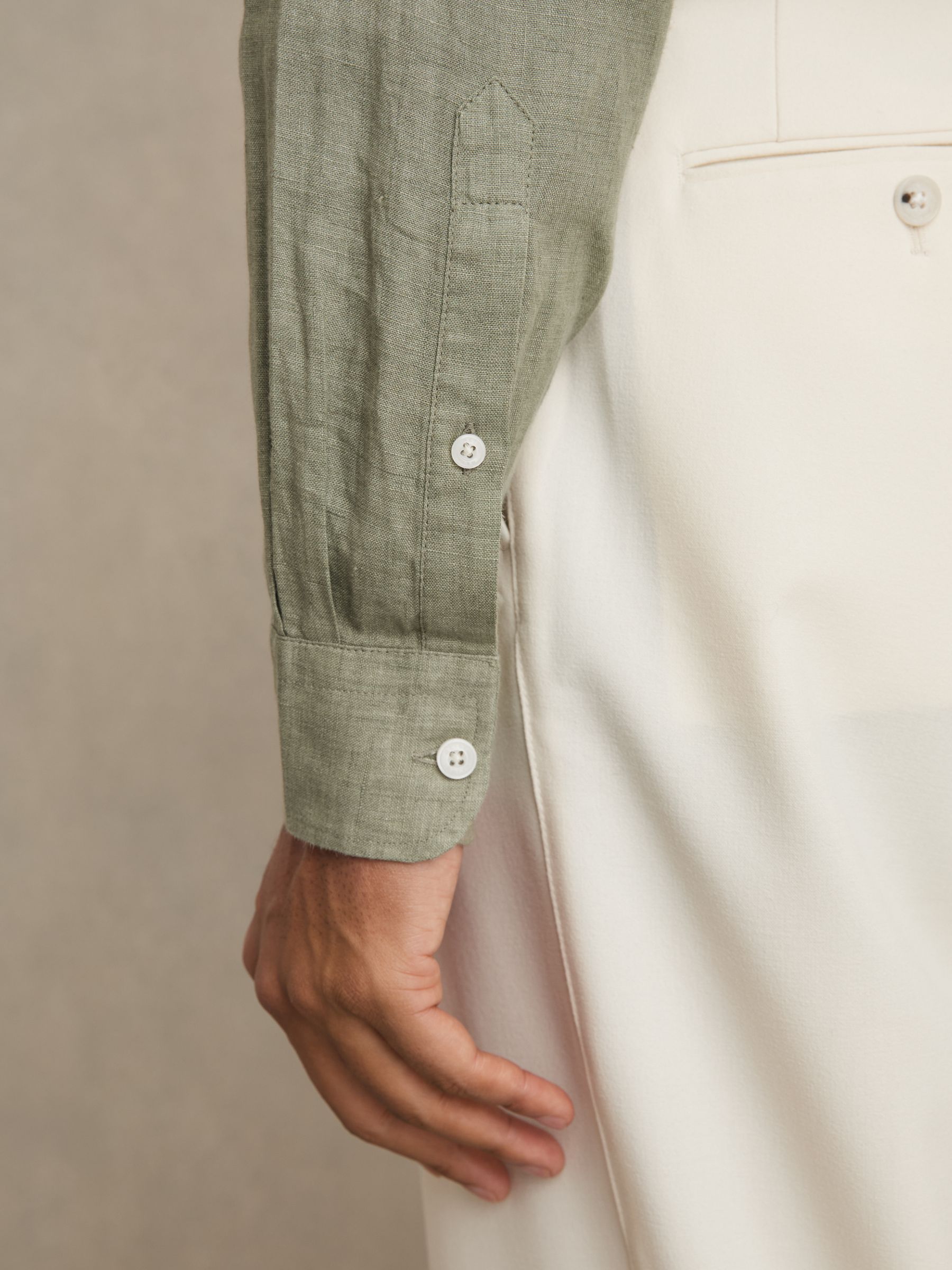 Linen Striped Cutaway-Collar Shirt in Thyme Green - Image 4 of 6