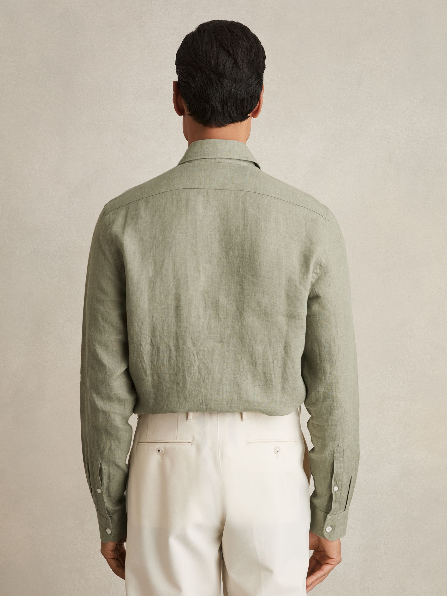 Linen Striped Cutaway-Collar Shirt in Thyme Green - Image 5 of 6