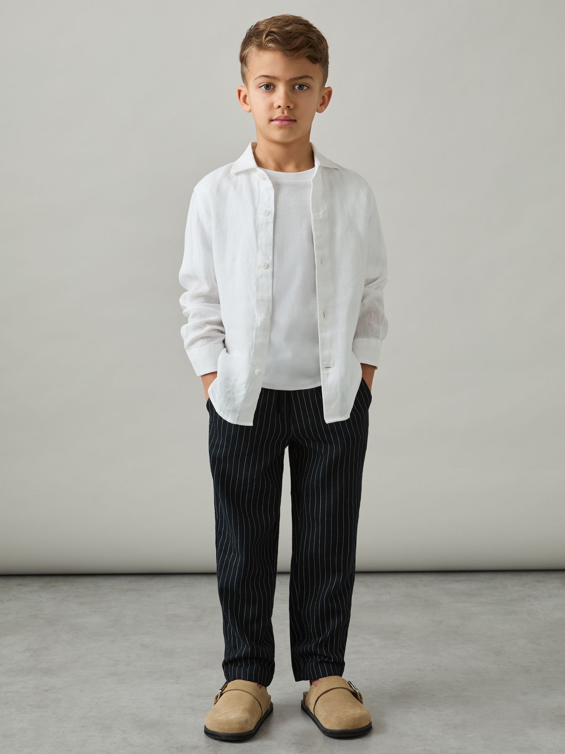 Linen-Blend Drawstring Trousers in Navy Stripe - Image 1 of 4 Linen-Blend Drawstring Trousers in Navy Stripe - Image 1 of 4