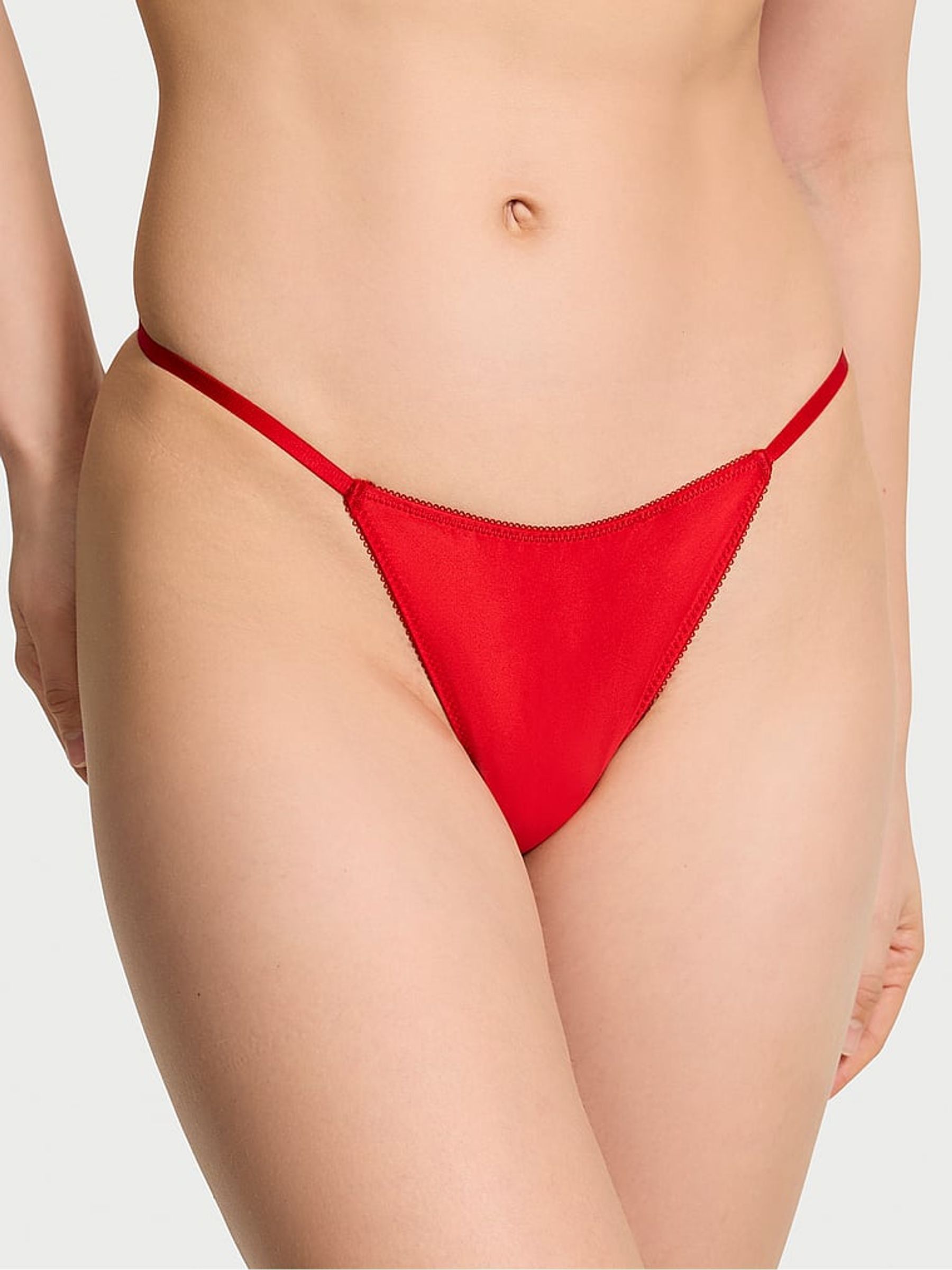 Bright Vermillion Red Satin Heart Rhinestone Bow G-String Knickers - Image 1 of 3