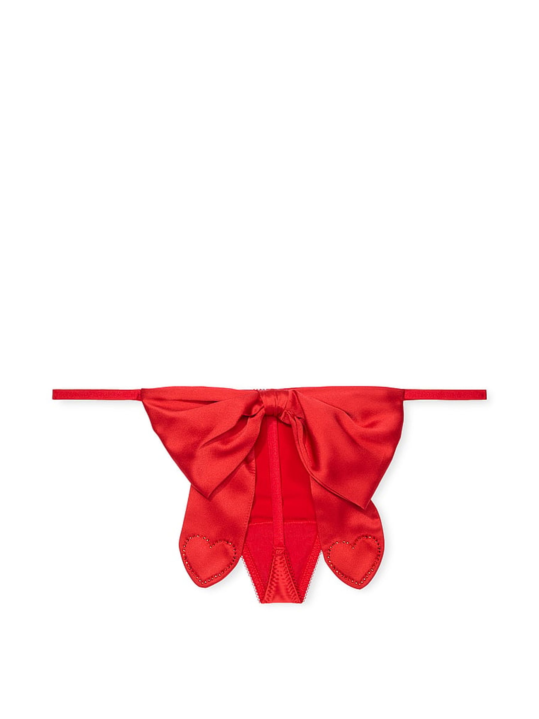 Bright Vermillion Red Satin Heart Rhinestone Bow G-String Knickers