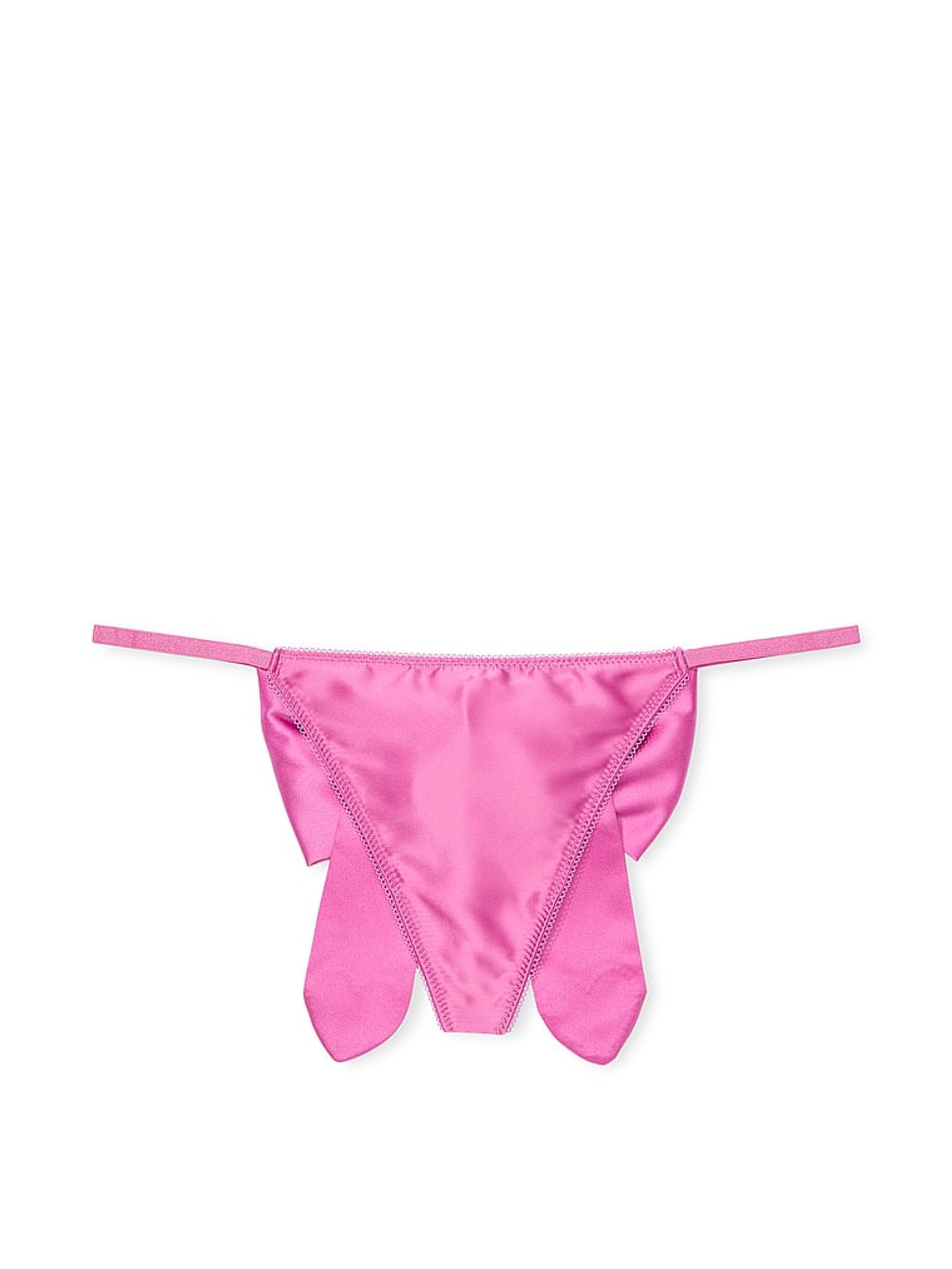 New Peony Pink Satin Heart Rhinestone Bow G-String Knickers - Image 1 of 2