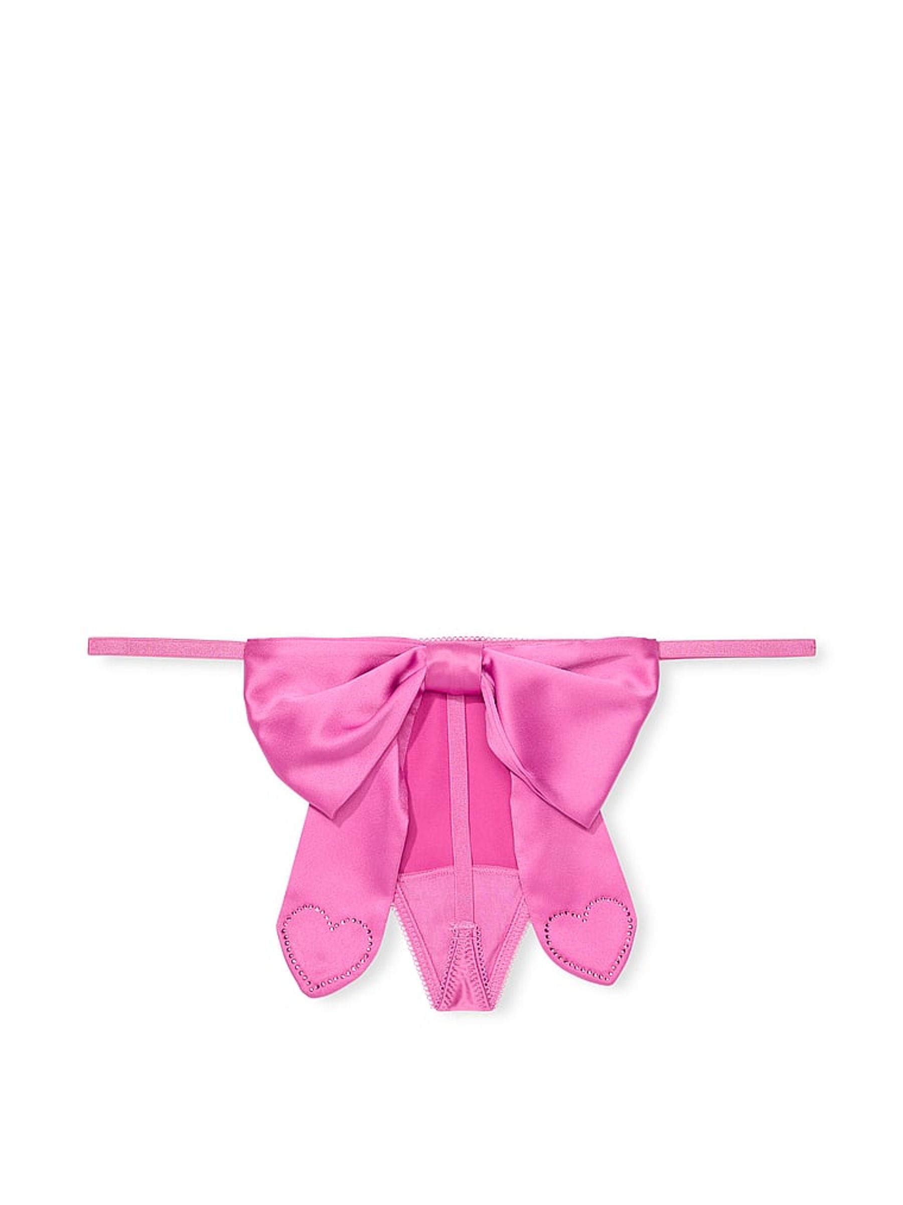 New Peony Pink Satin Heart Rhinestone Bow G-String Knickers - Image 2 of 2
