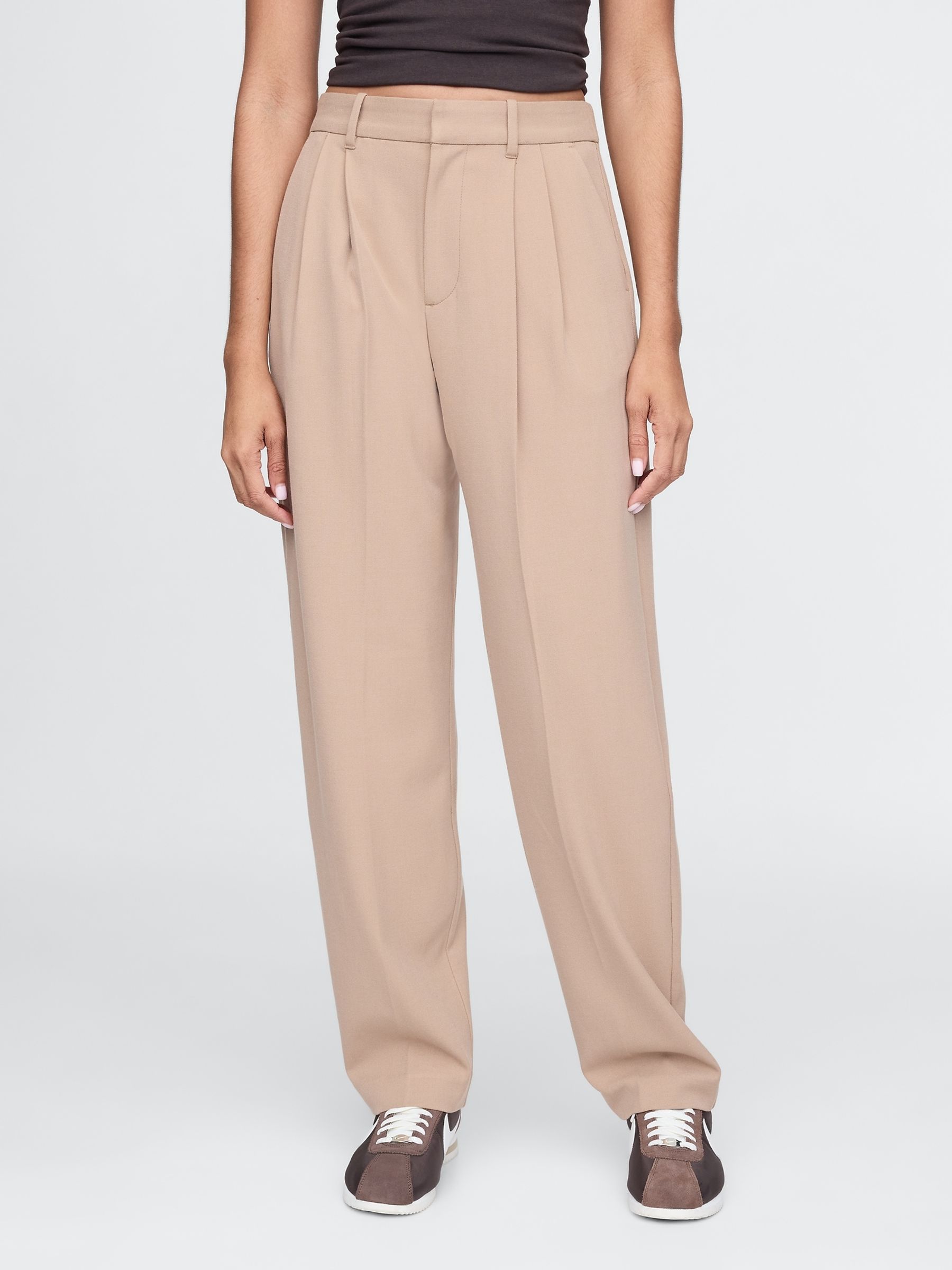 Beige Everyday High Waisted Brushed Twill Pleated Taper Trousers - Image 2 of 5