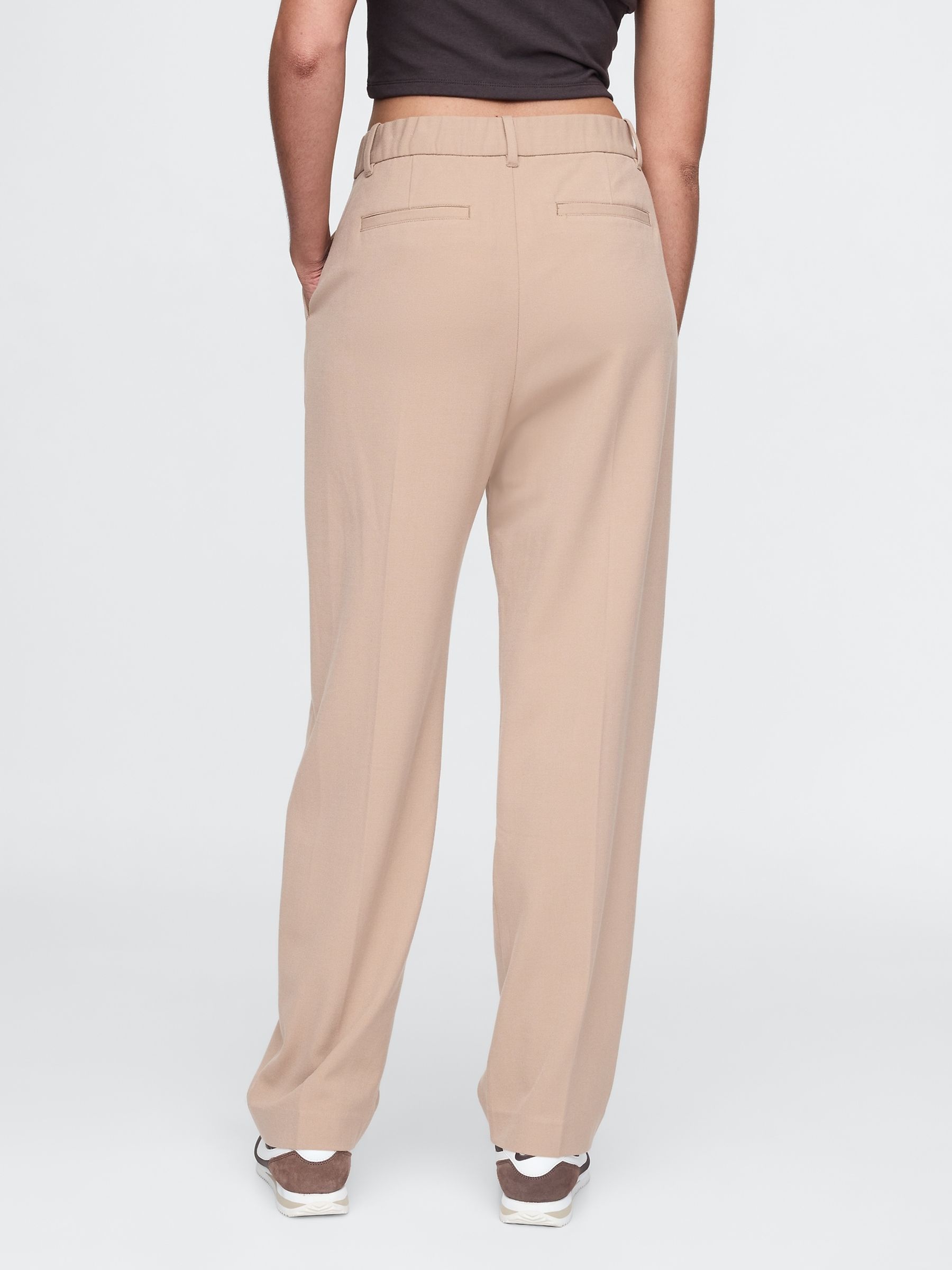Beige Everyday High Waisted Brushed Twill Pleated Taper Trousers - Image 3 of 5