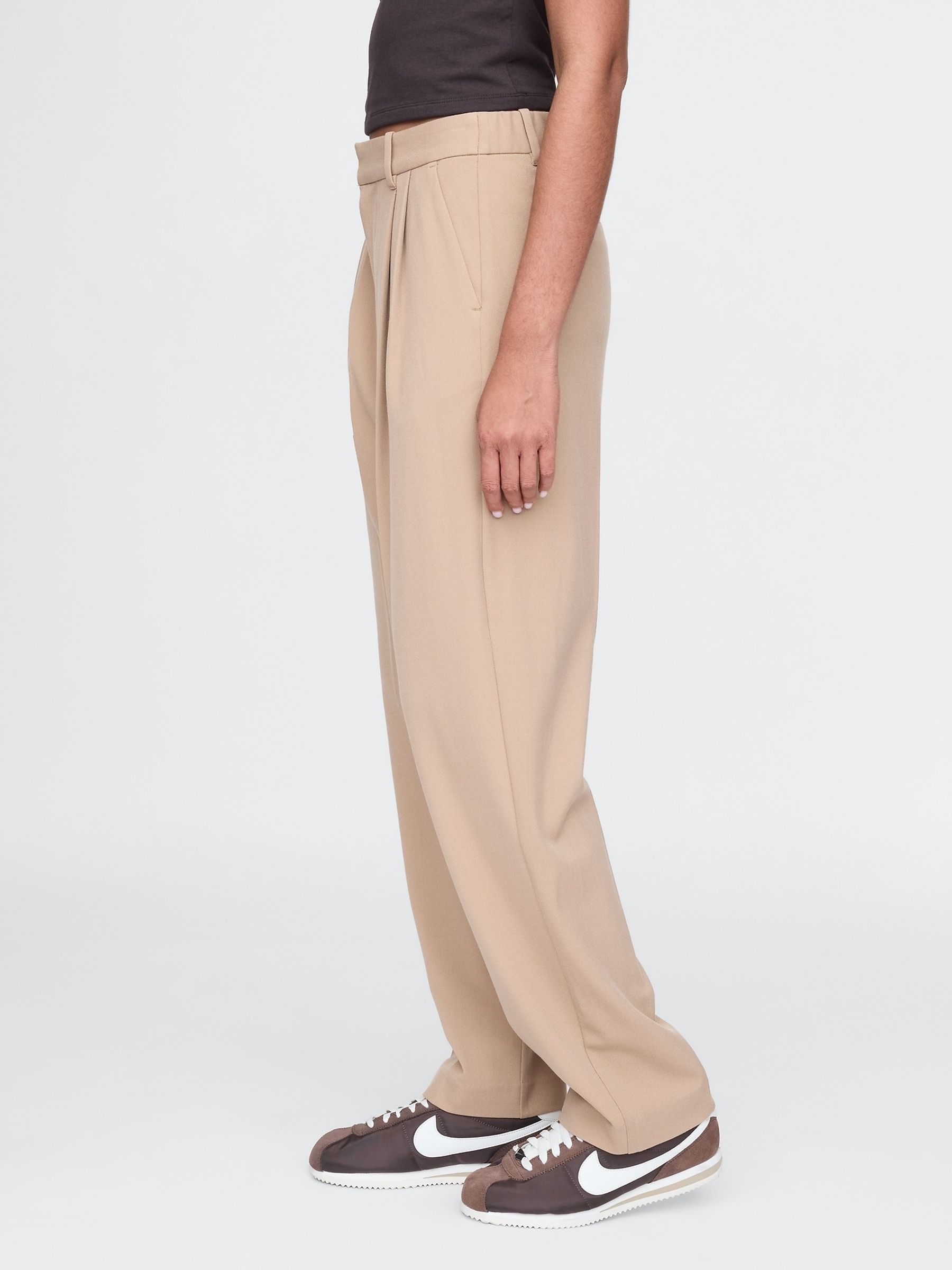 Beige Everyday High Waisted Brushed Twill Pleated Taper Trousers - Image 4 of 5