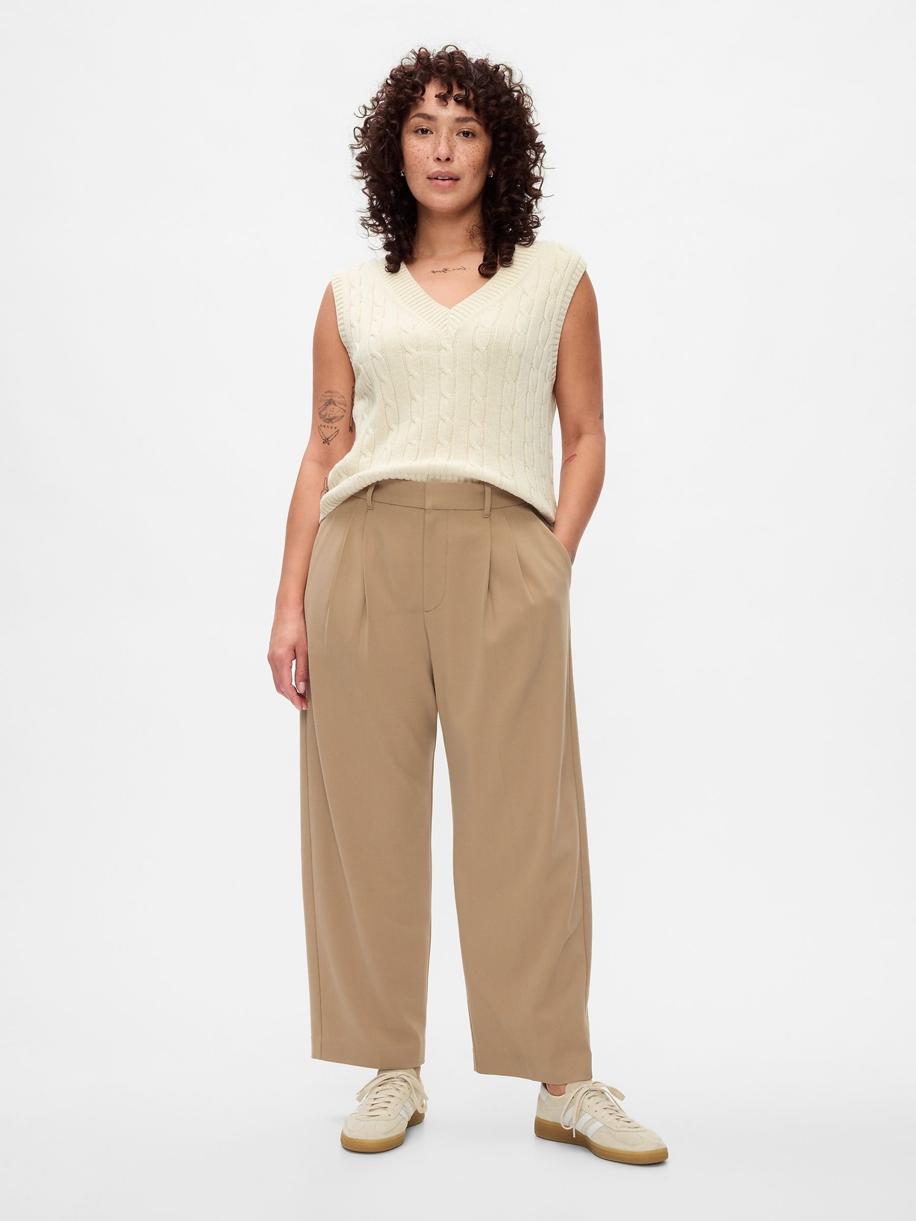 Beige Everyday High Waisted Brushed Twill Pleated Taper Trousers - Image 5 of 5