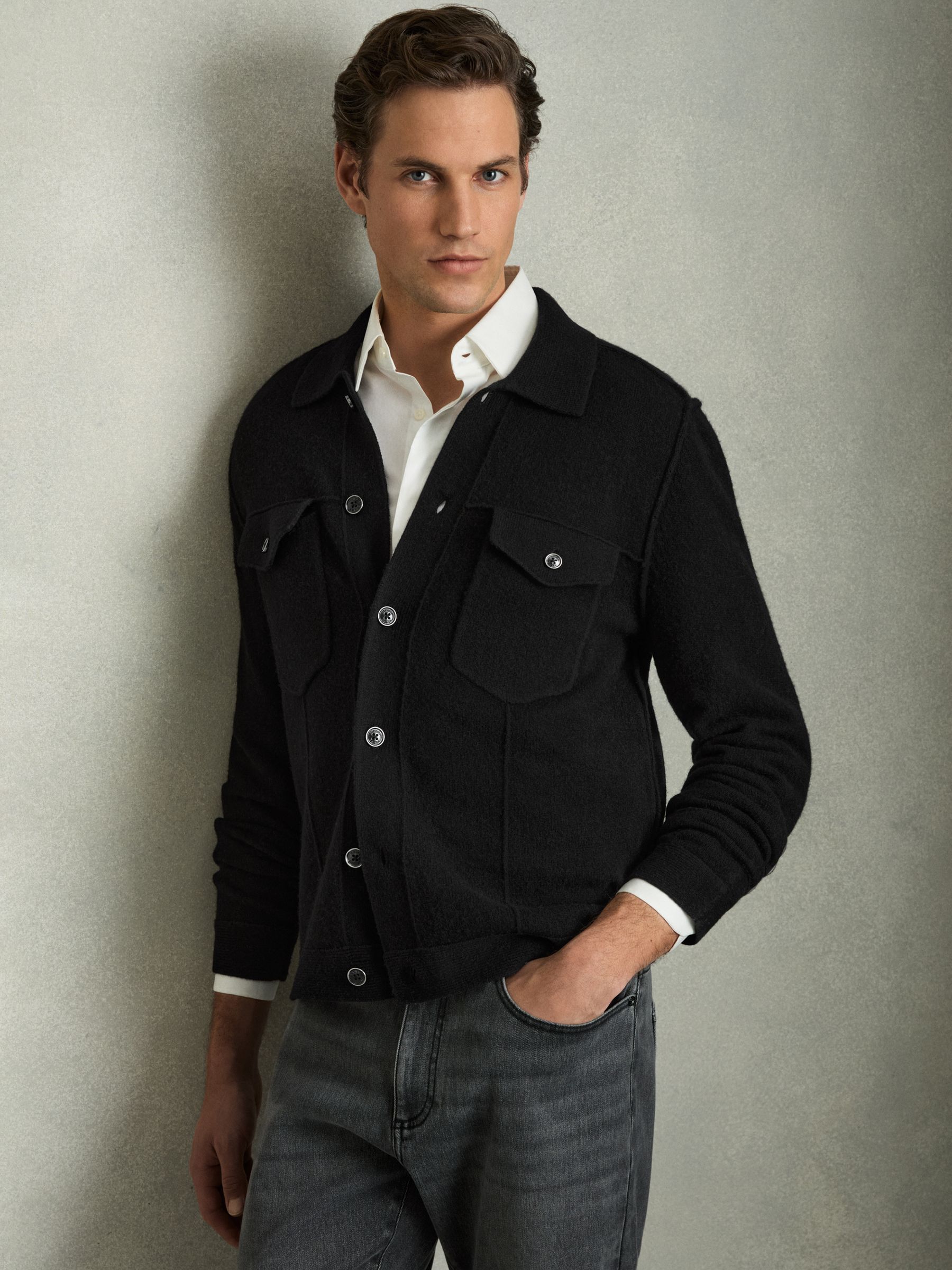 Wool Button Through Knitted Jacket in Black - Image 1 of 6
