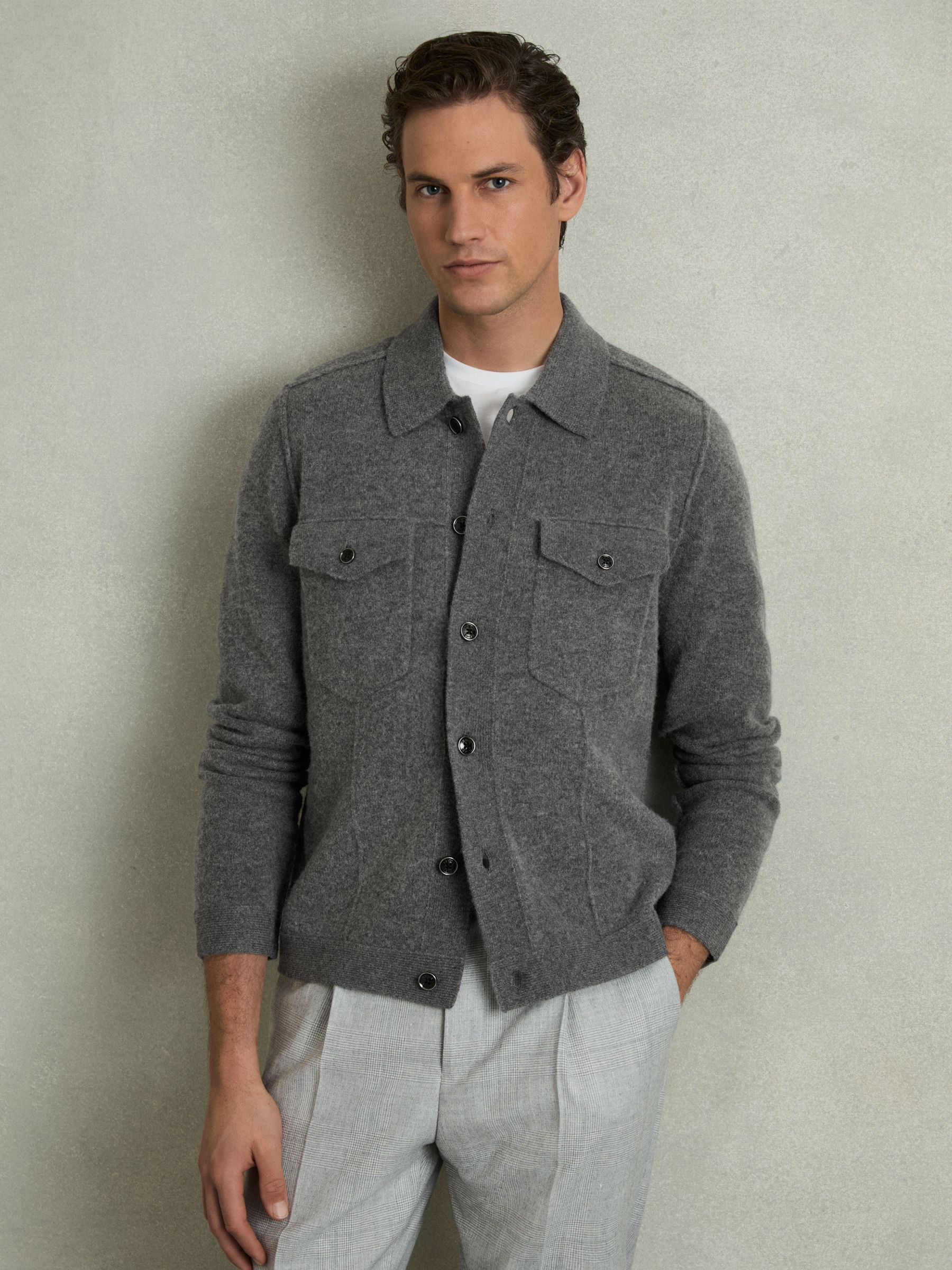 Wool Button Through Knitted Jacket in Charcoal - Image 1 of 6