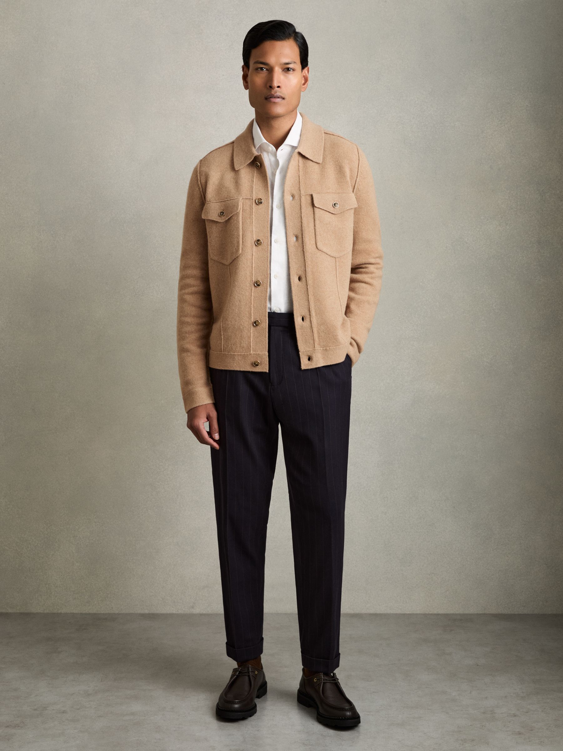 Wool Button Through Knitted Jacket in Camel Melange - Image 3 of 6
