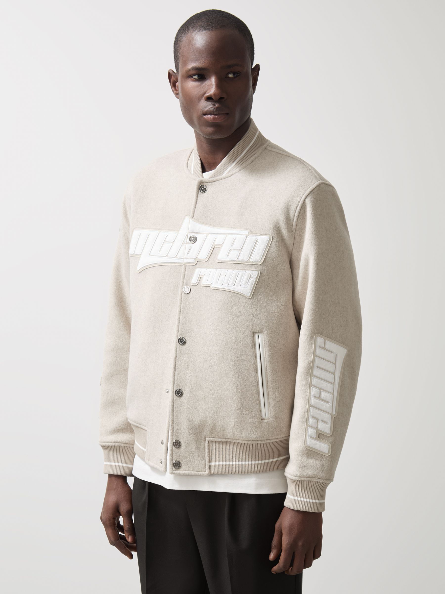 McLaren F1 Team Brushed Bomber Jacket in Oatmeal Melange - Image 3 of 9